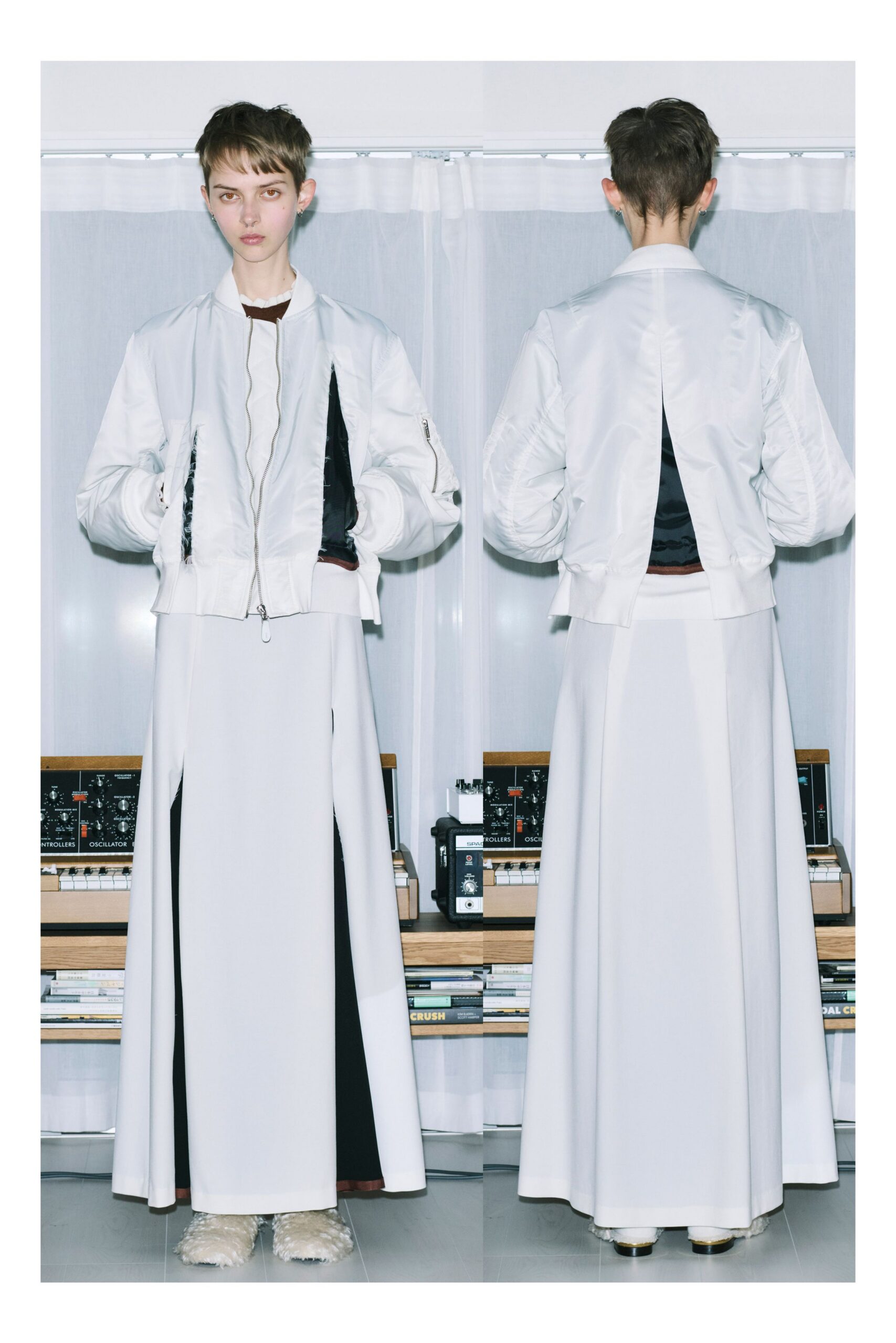 white silk jacket and layered dress