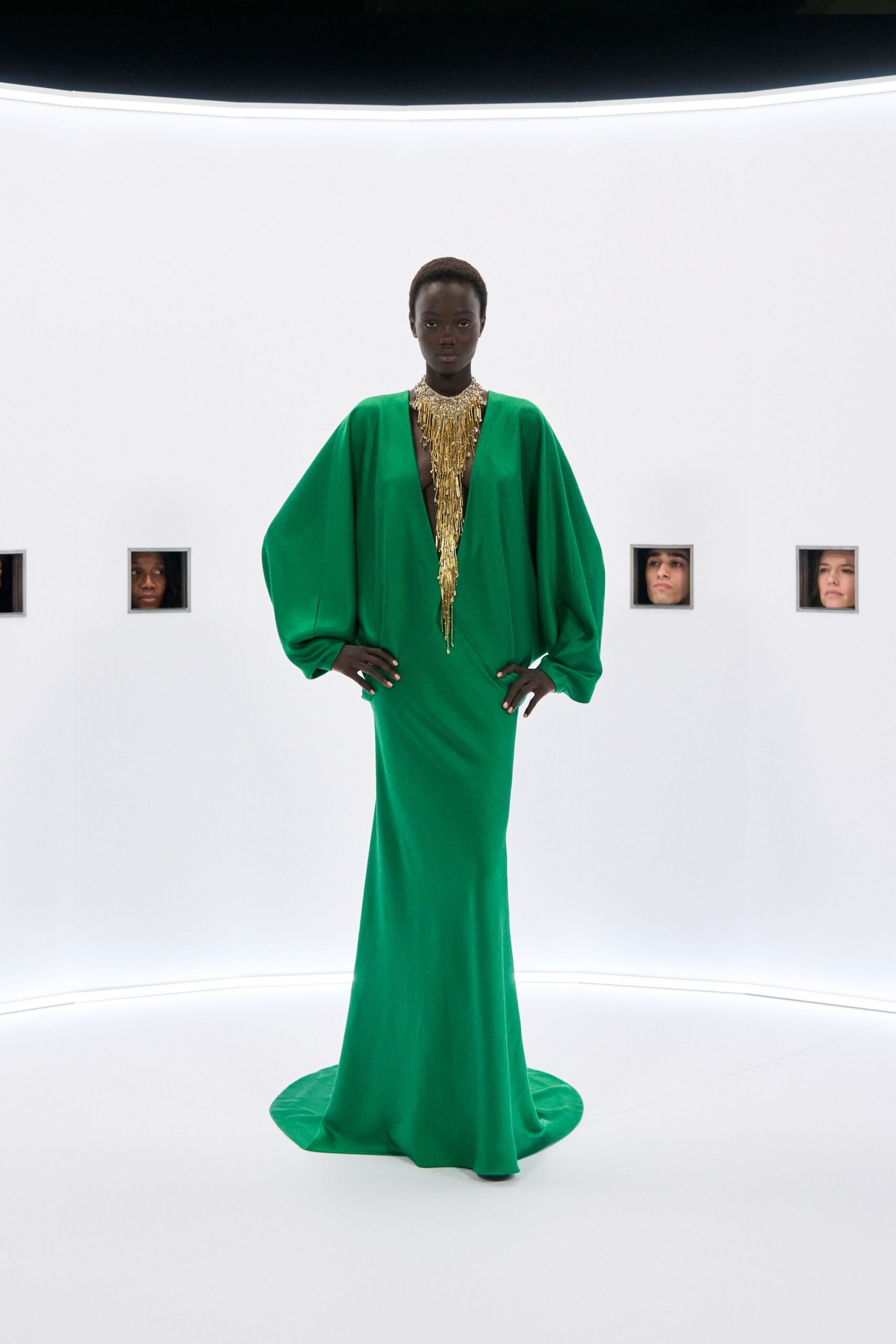 green silk long-sleeve gown