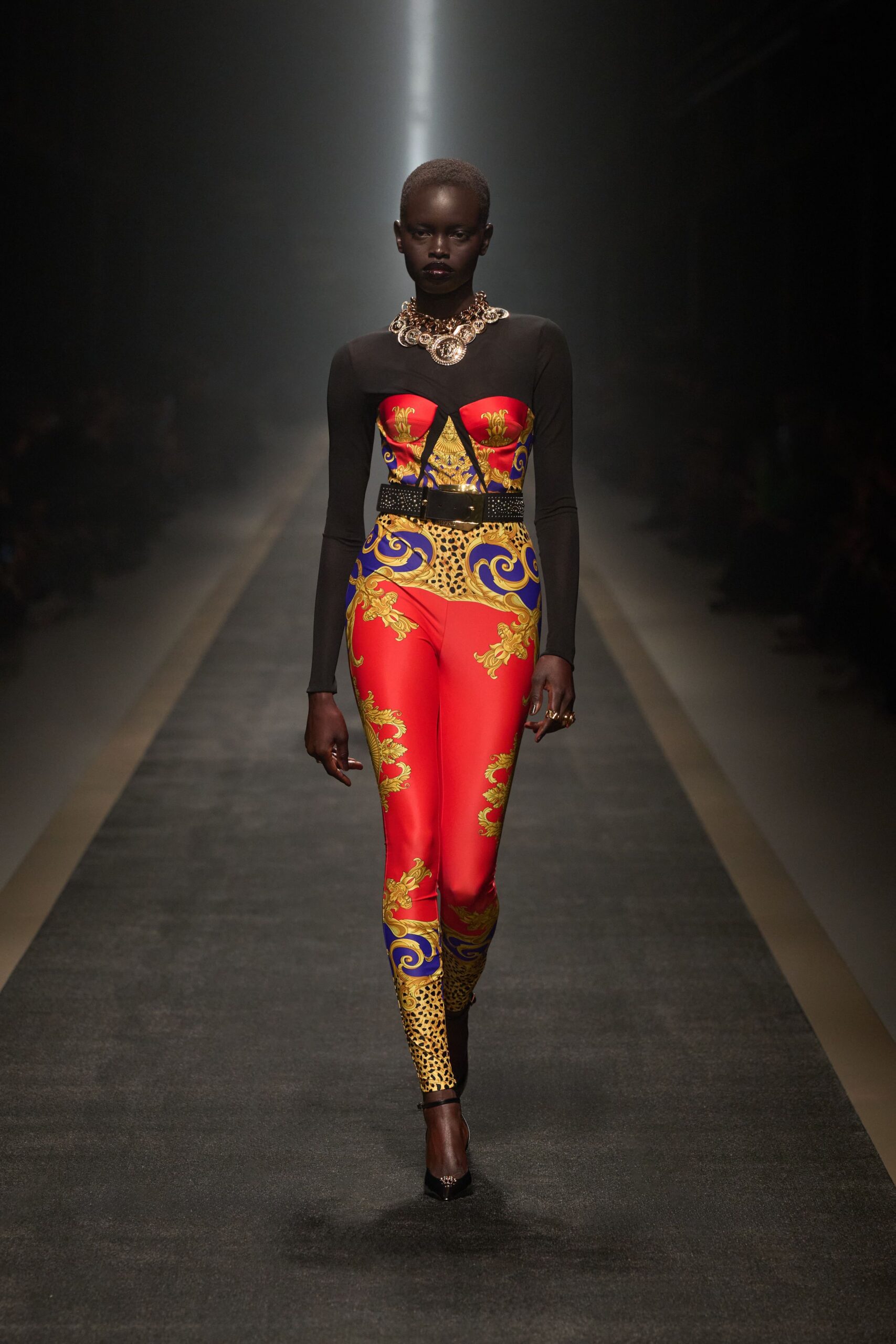 fitted black red printed catsuit