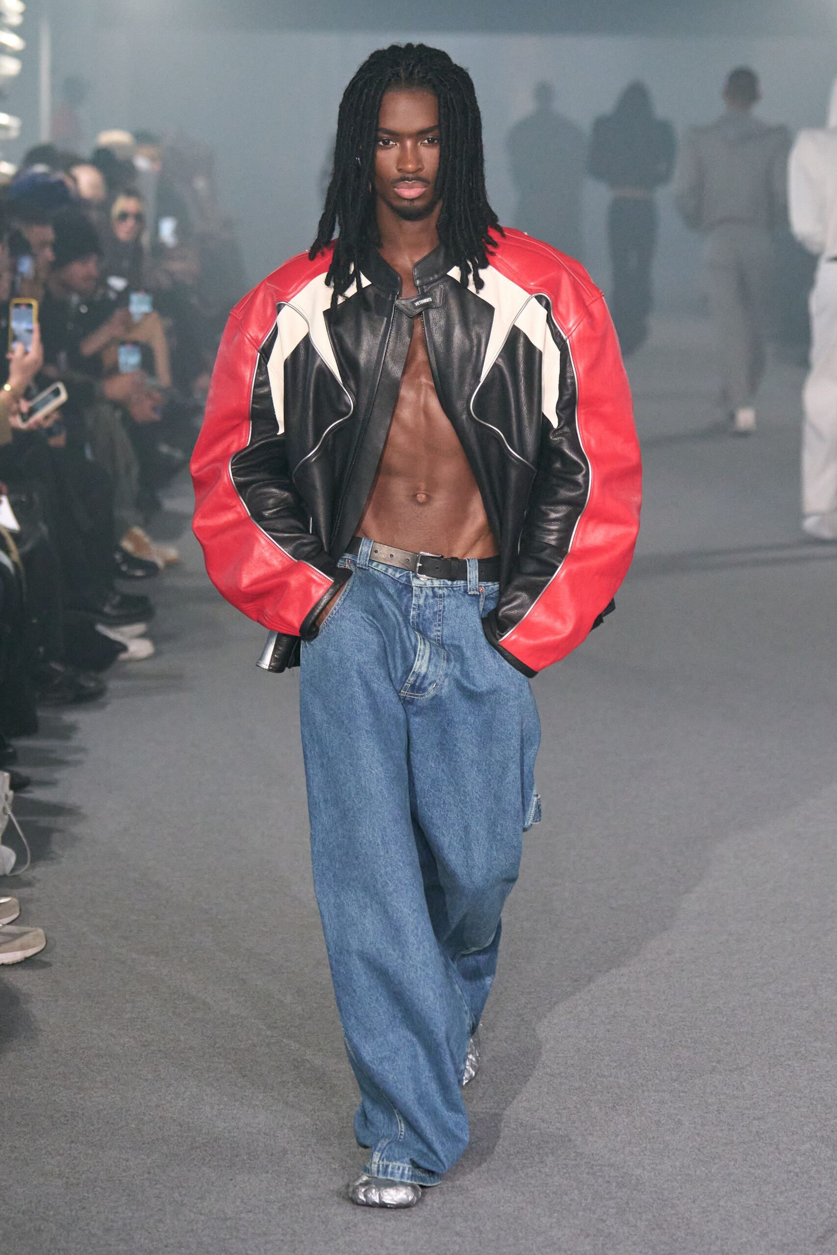oversized leather jacket with denim pants