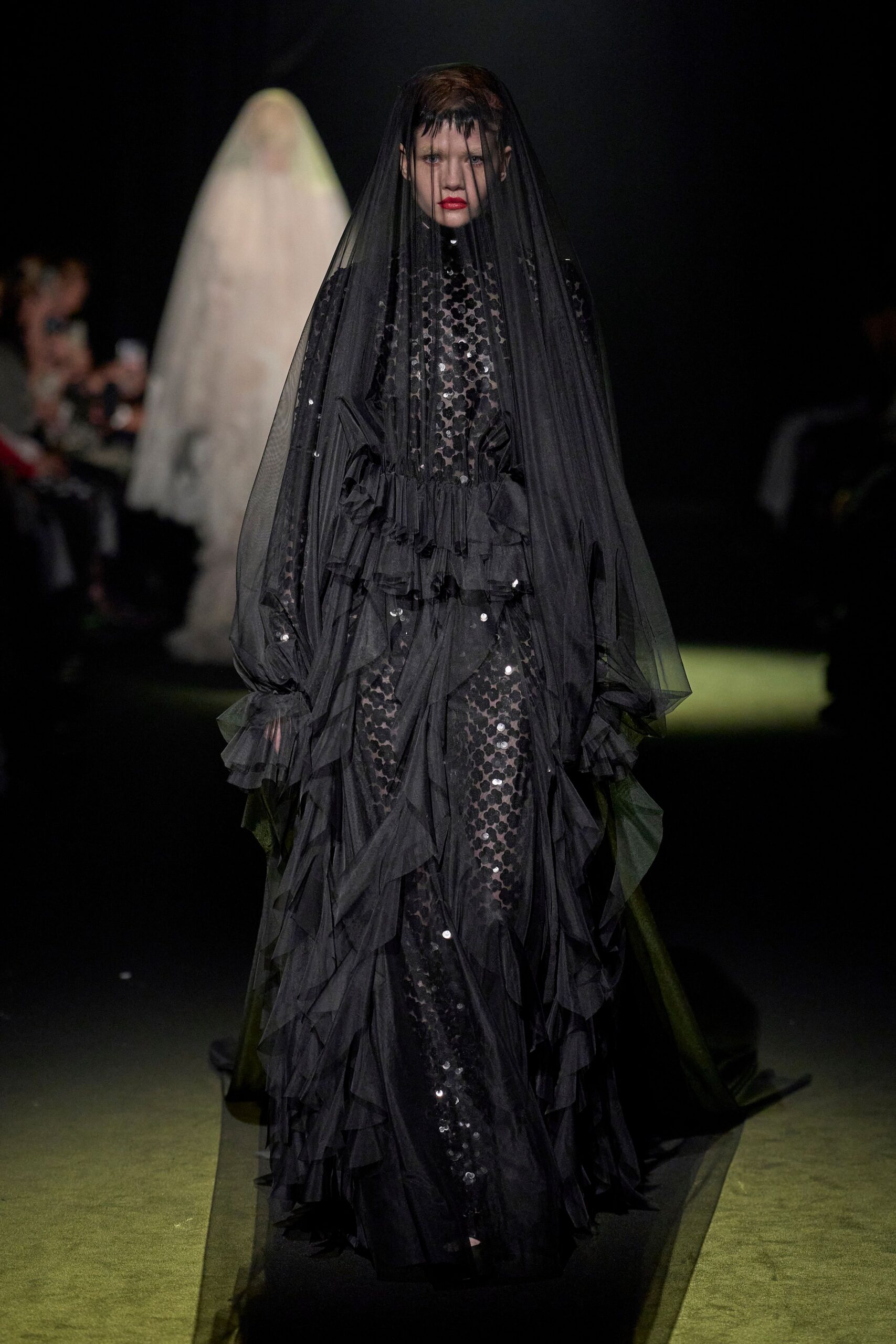 black sheer ruffled gown with veil