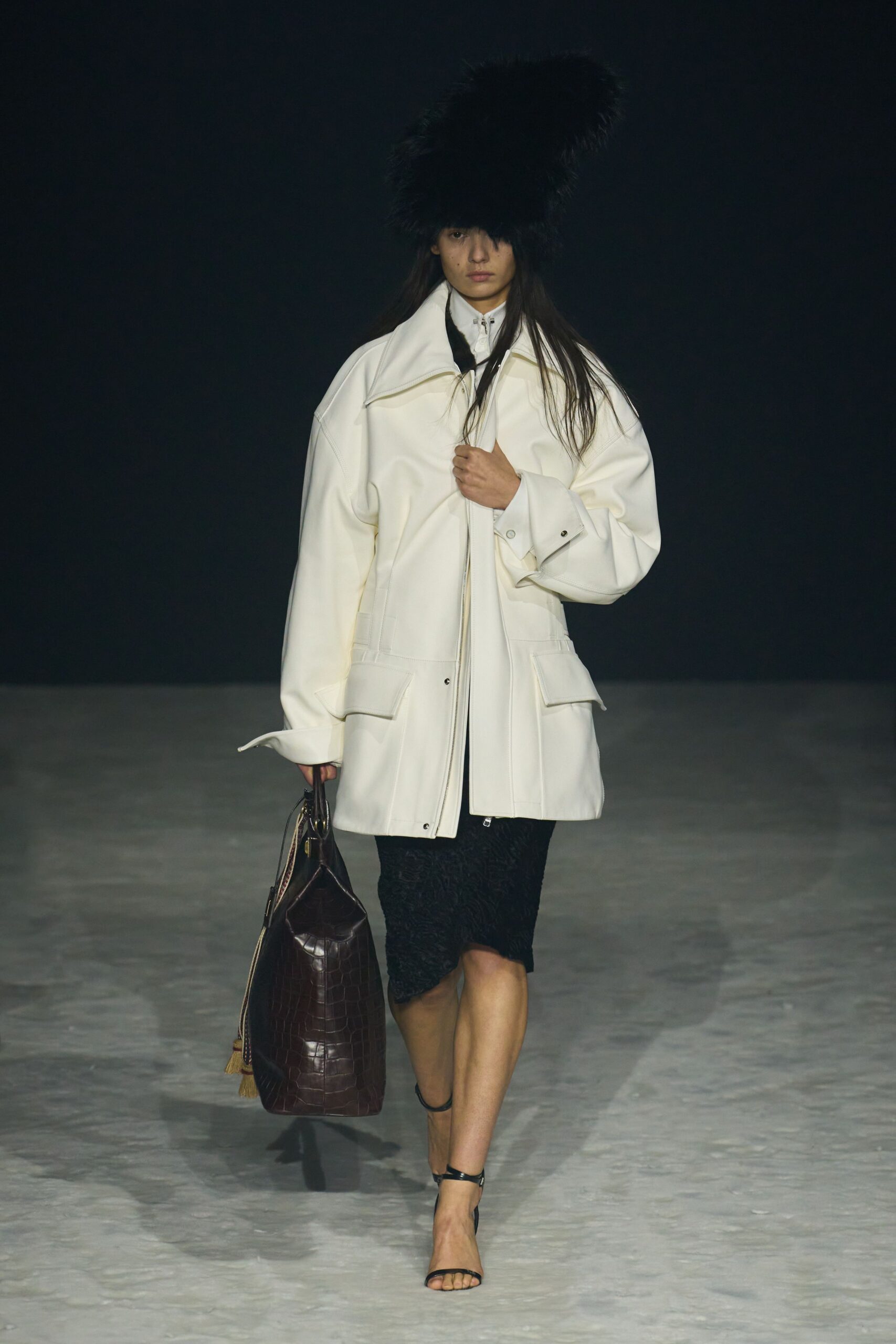 white leather long-sleeve collared oversized coat