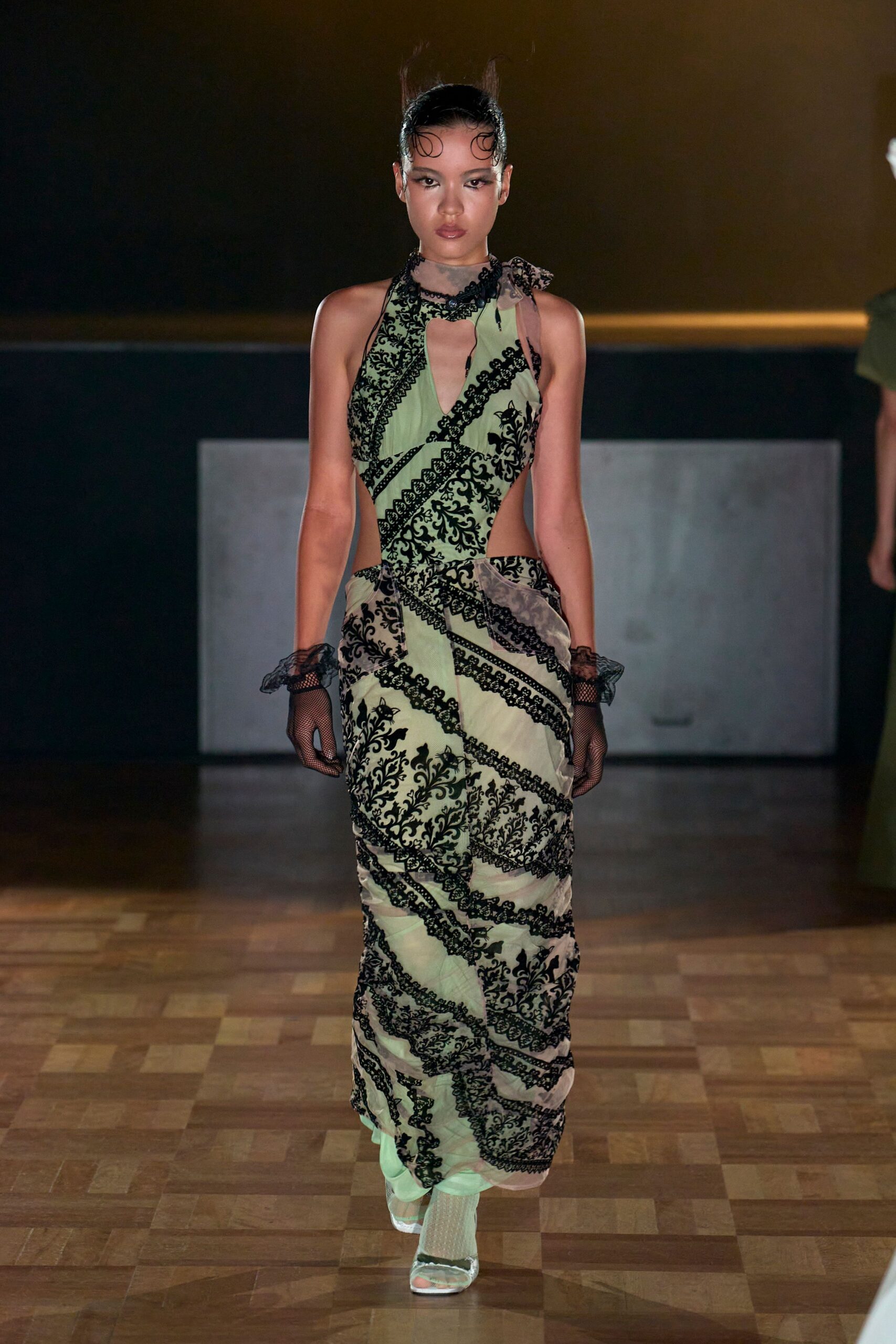 black silk sleeveless high-neck fitted embroidered layered dress