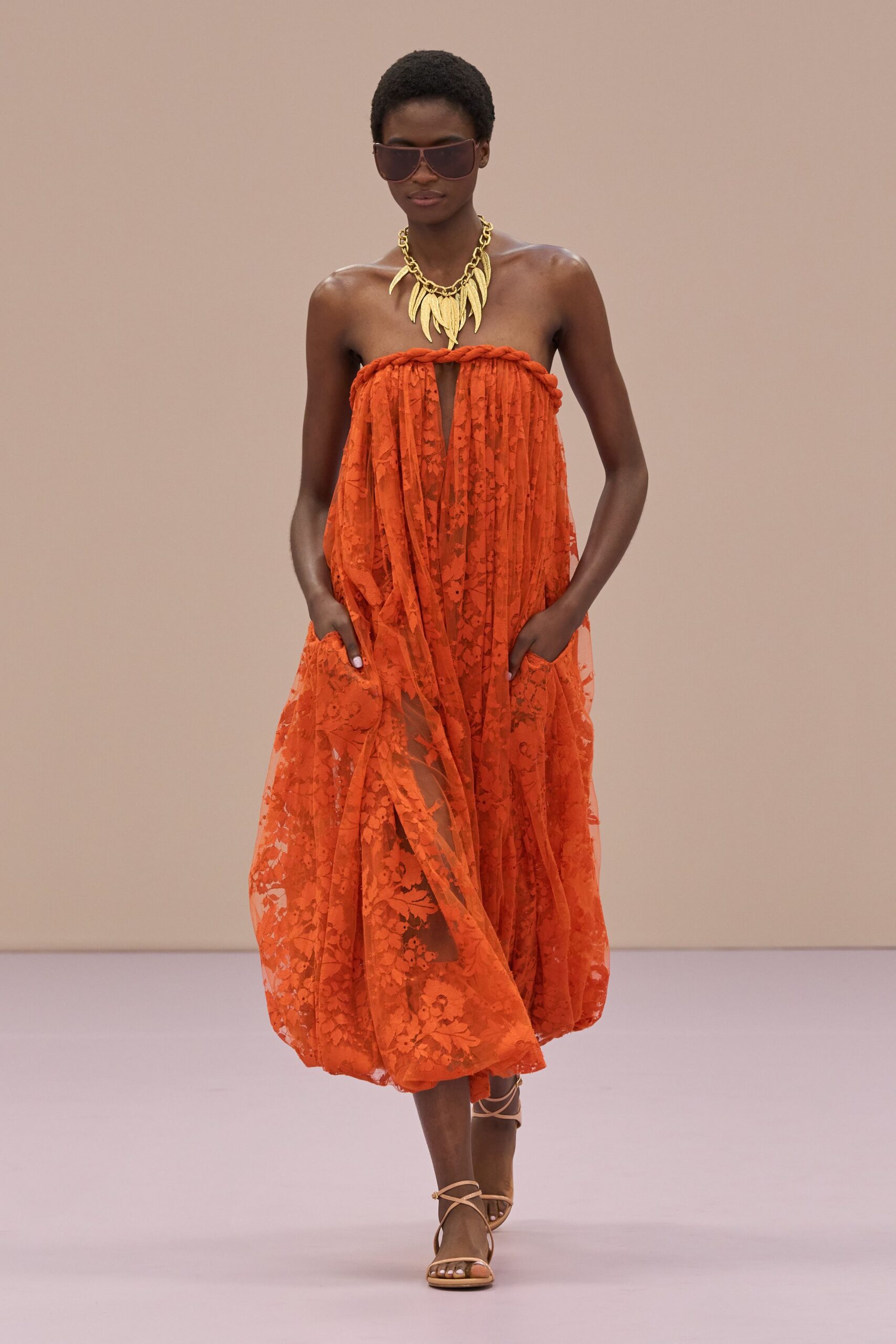 orange lace strapless relaxed pleated pockets flowing dress