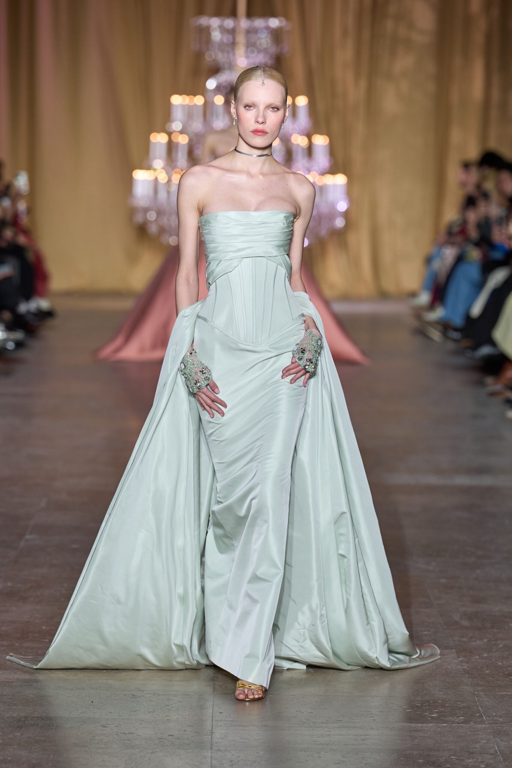 green silk strapless fitted draped maxi gown
