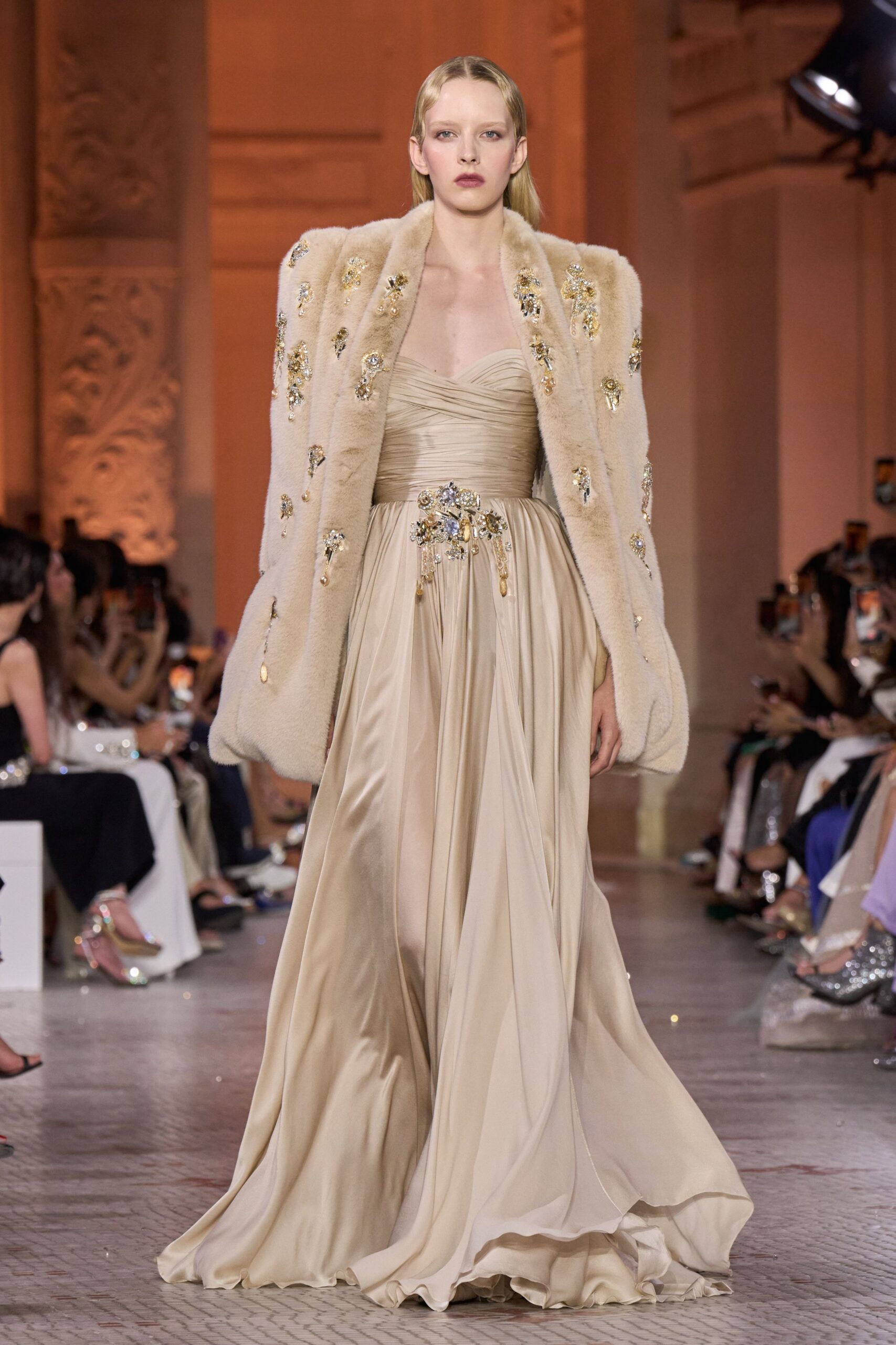 beige silk sleeveless v-neck fitted draped embellished gown