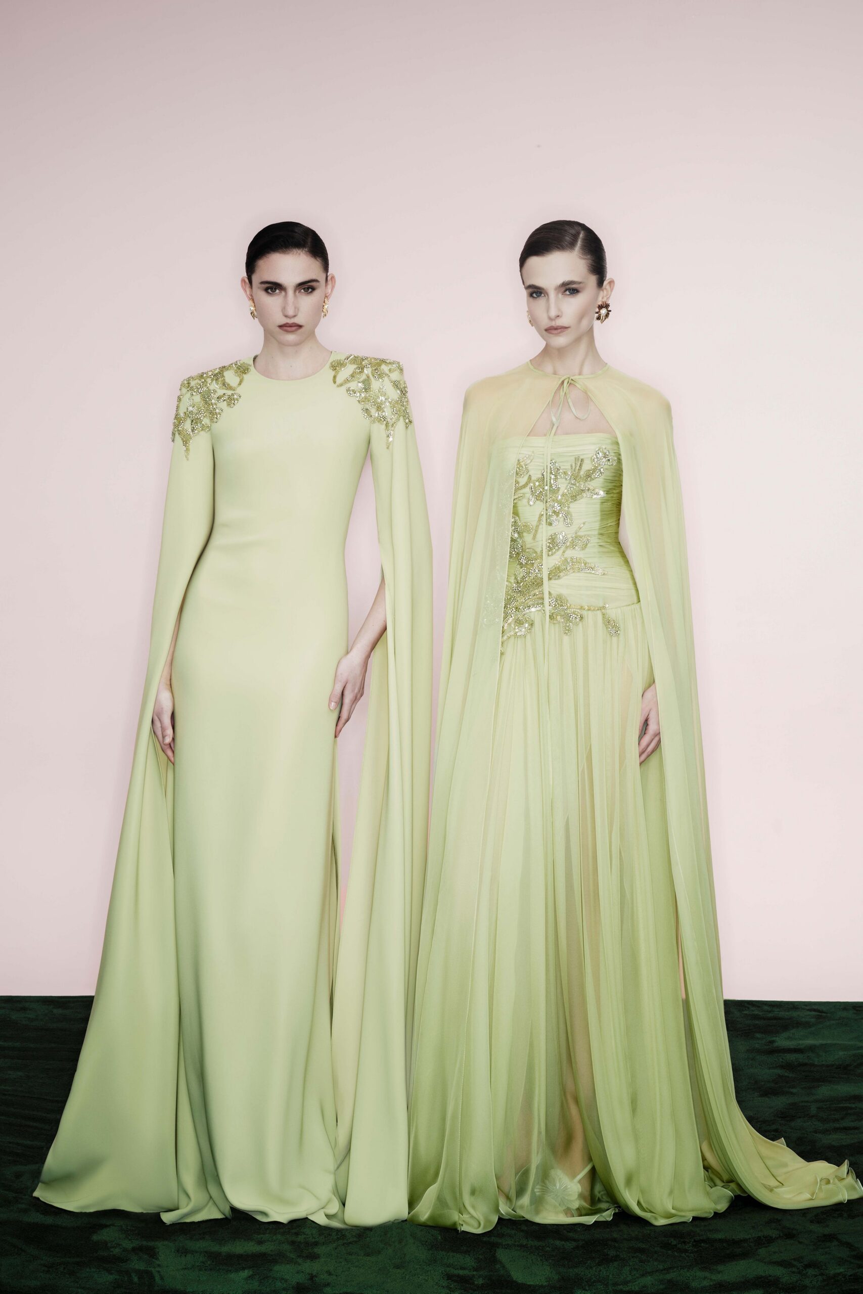 green embellished silk gown with cape
