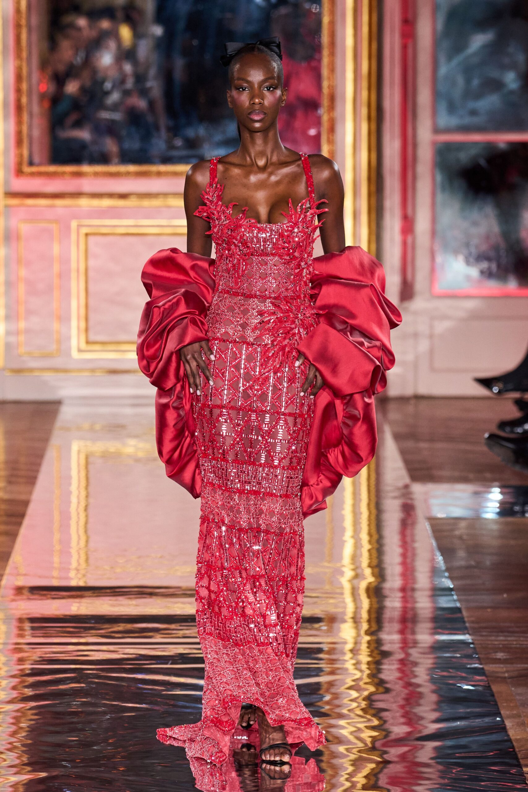 red silk sleeveless v-neck fitted beaded layered gown