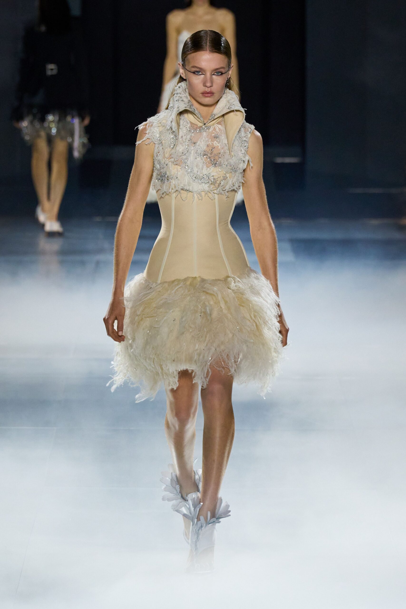 beige silk sleeveless high-neck fitted ruffled embellished dress