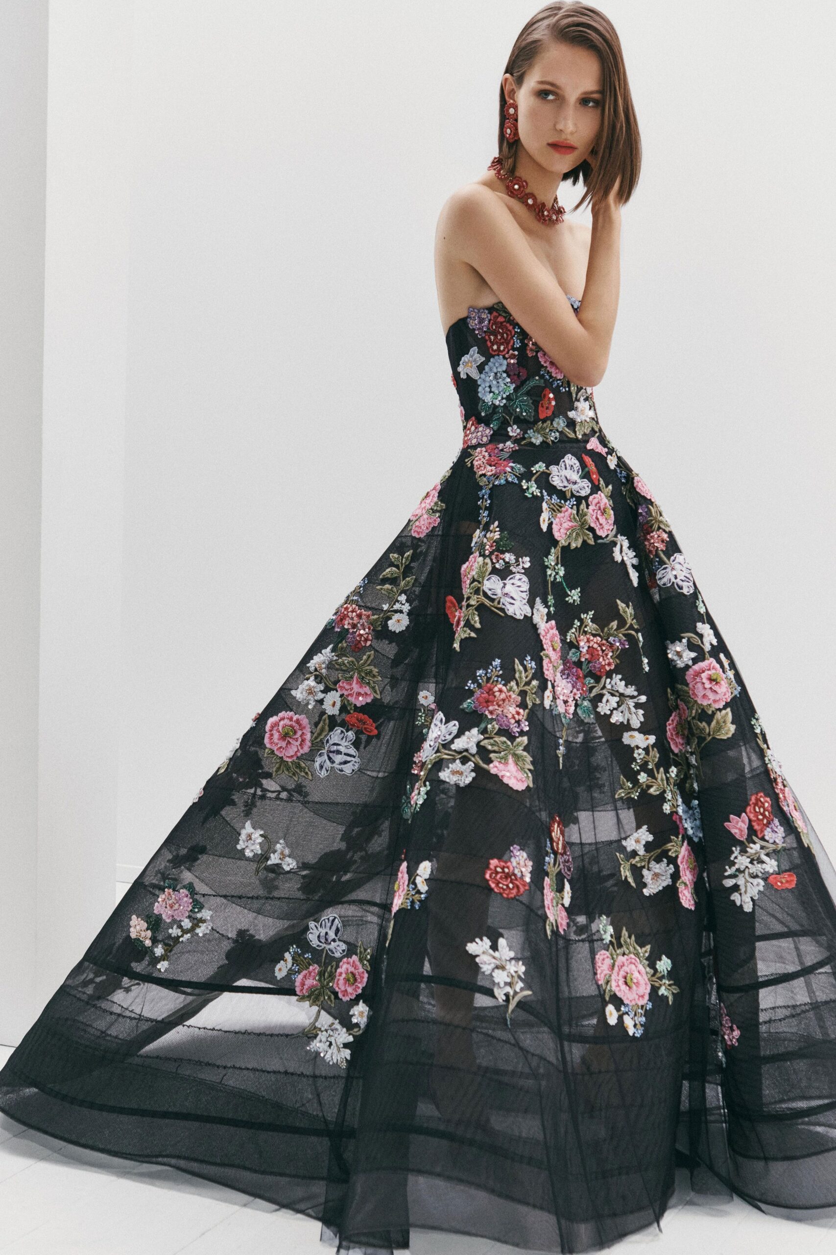 black embroidered strapless gown