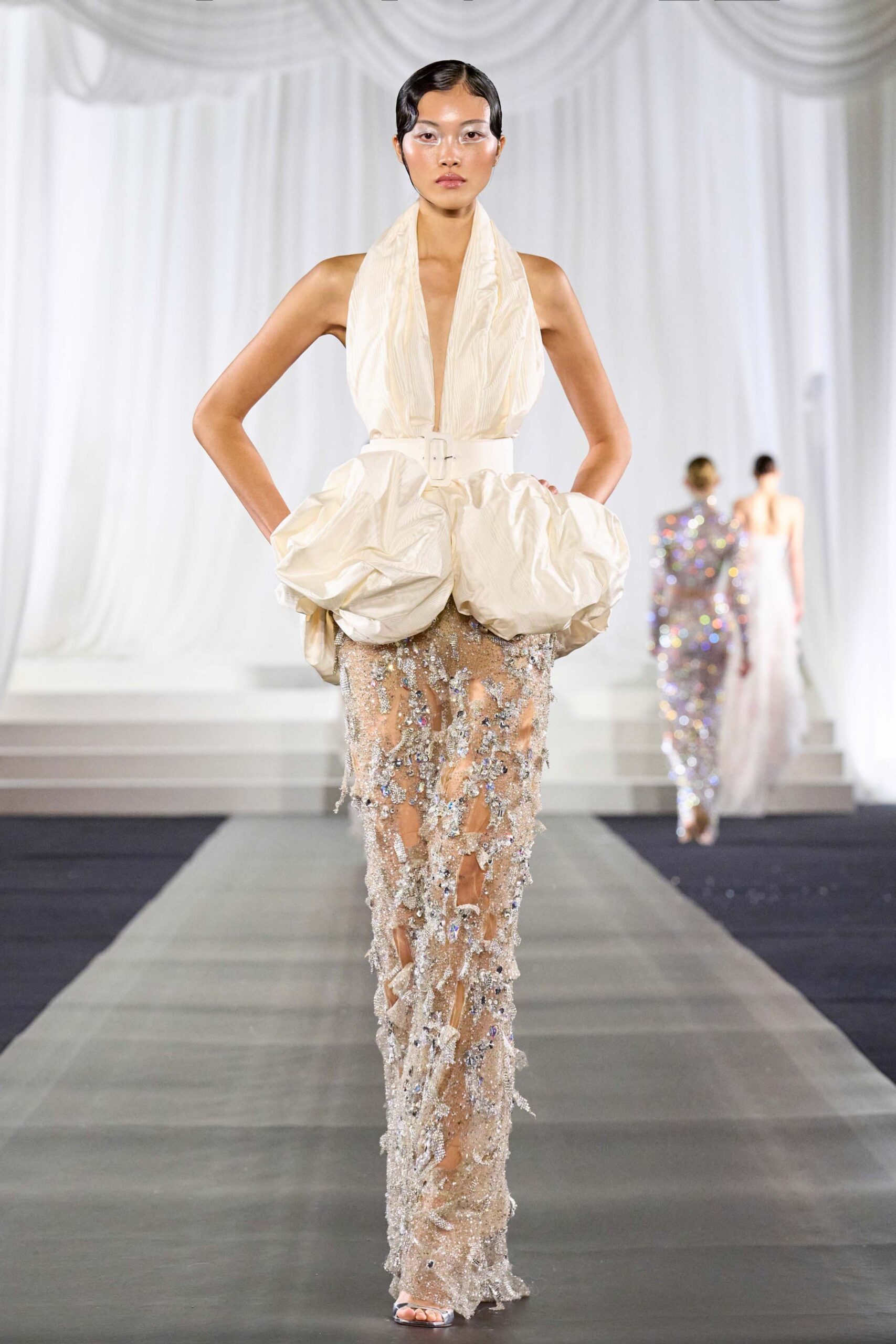 ivory silk lace gown with clear shoes