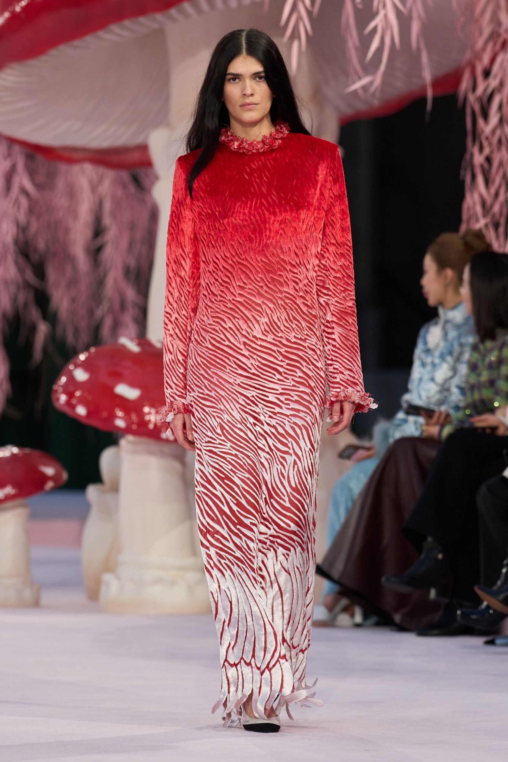red silk long-sleeve high-neck fitted flared printed gown