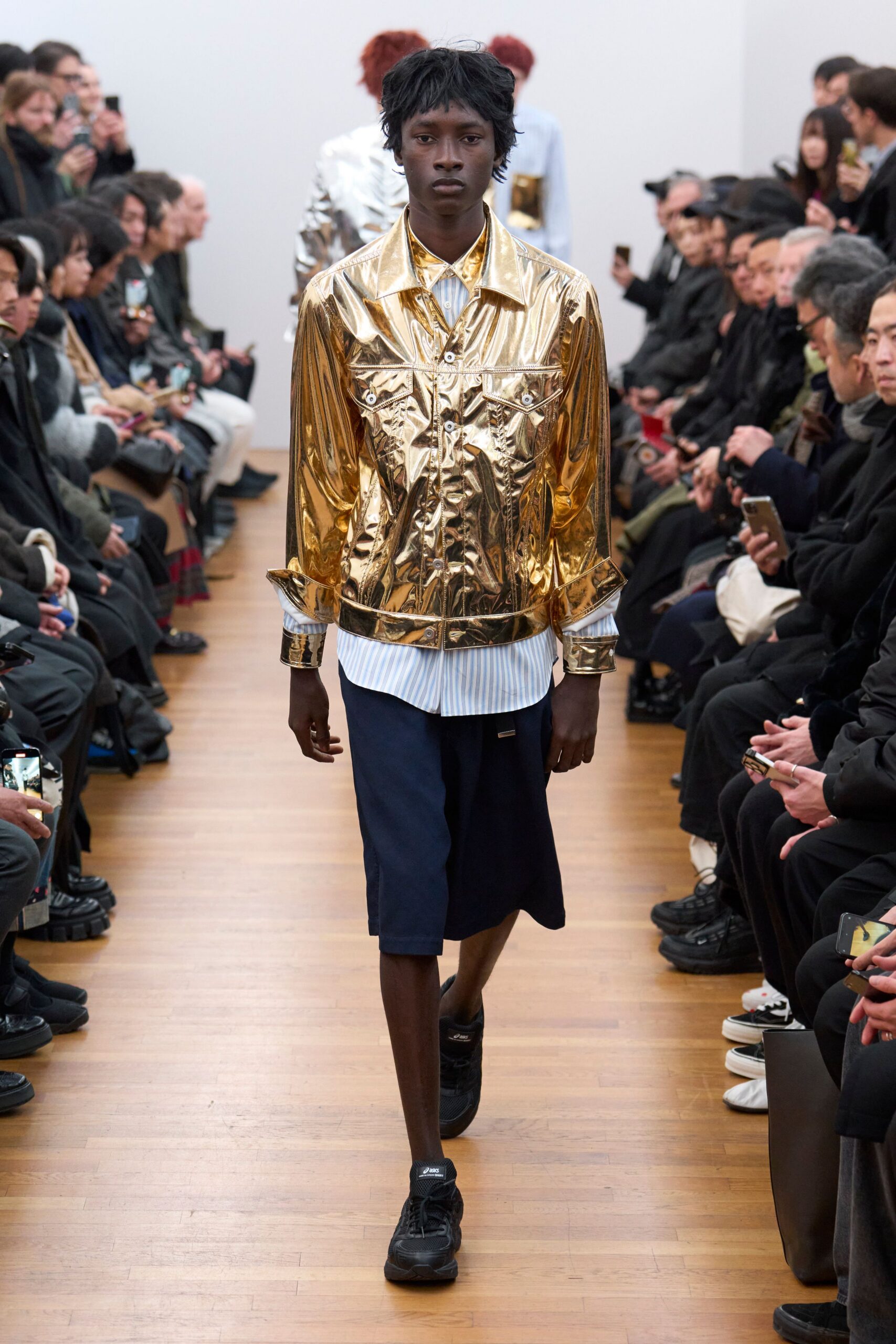 gold metallic long-sleeve collared fitted zippered shiny jacket