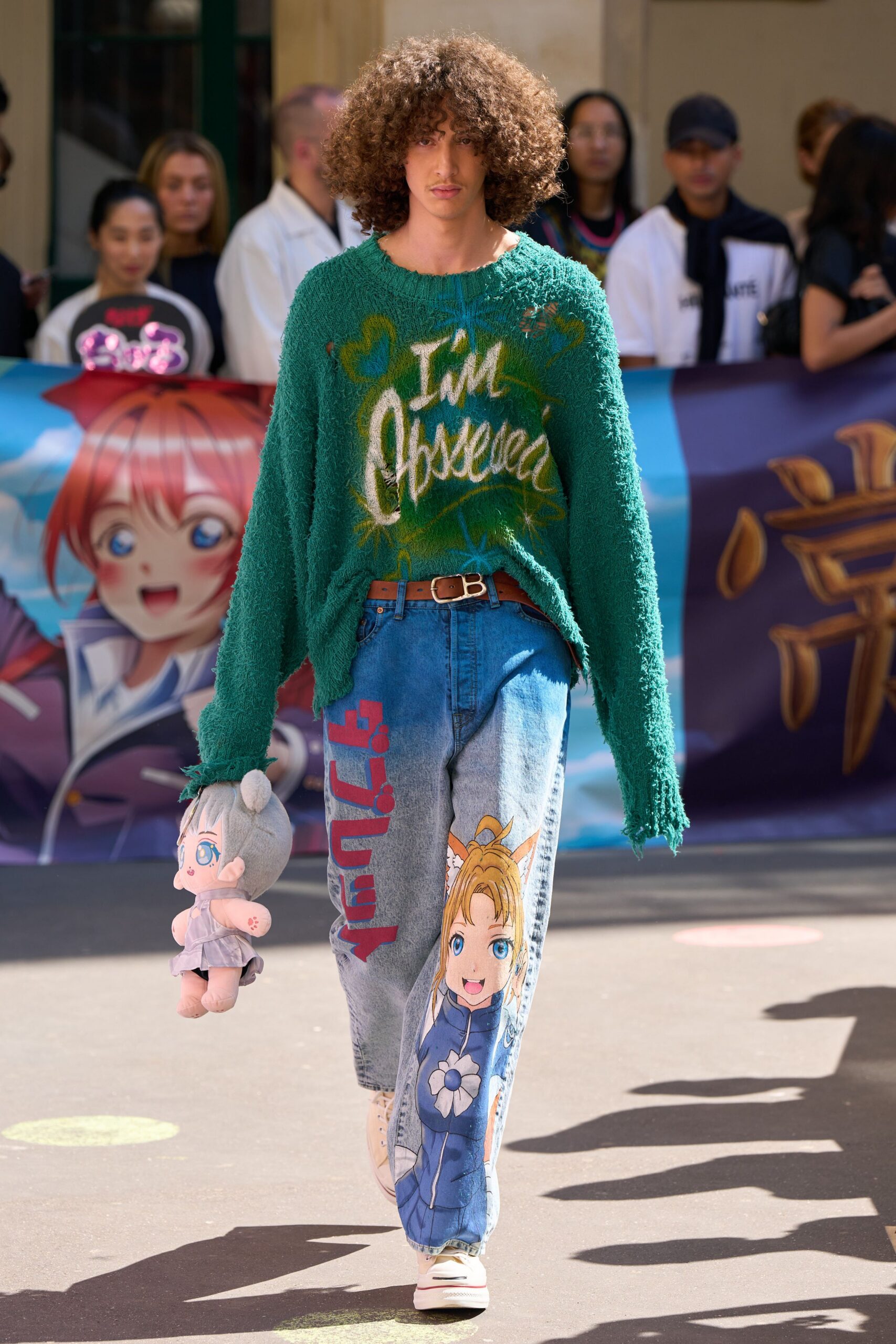 blue denim relaxed printed pants