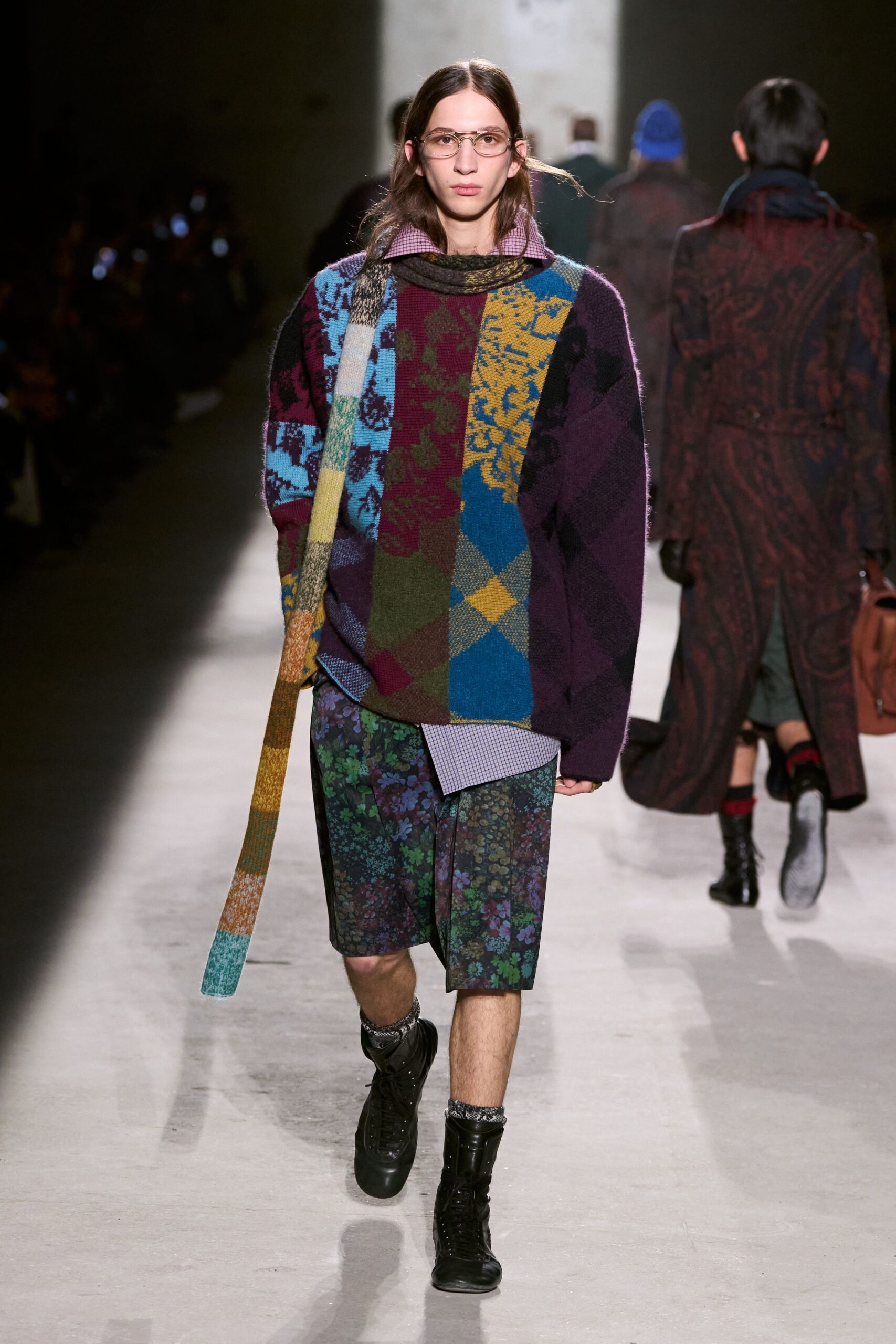 purple wool long-sleeve collared oversized patchwork sweater
