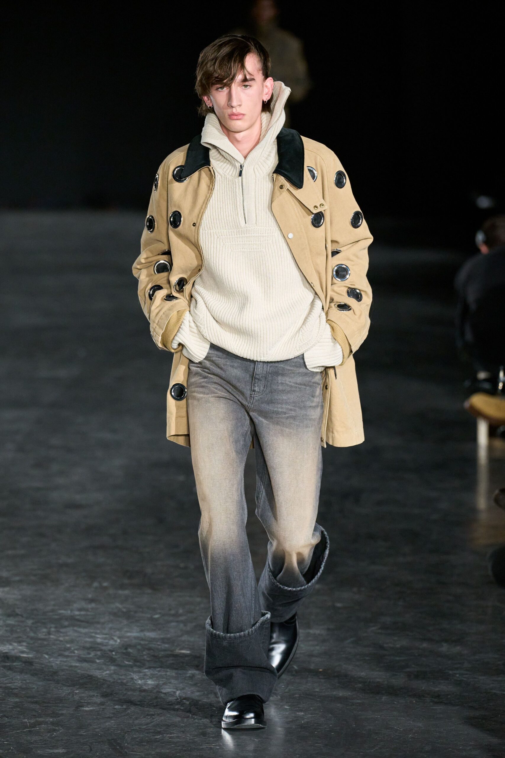 beige coat with white hoodie