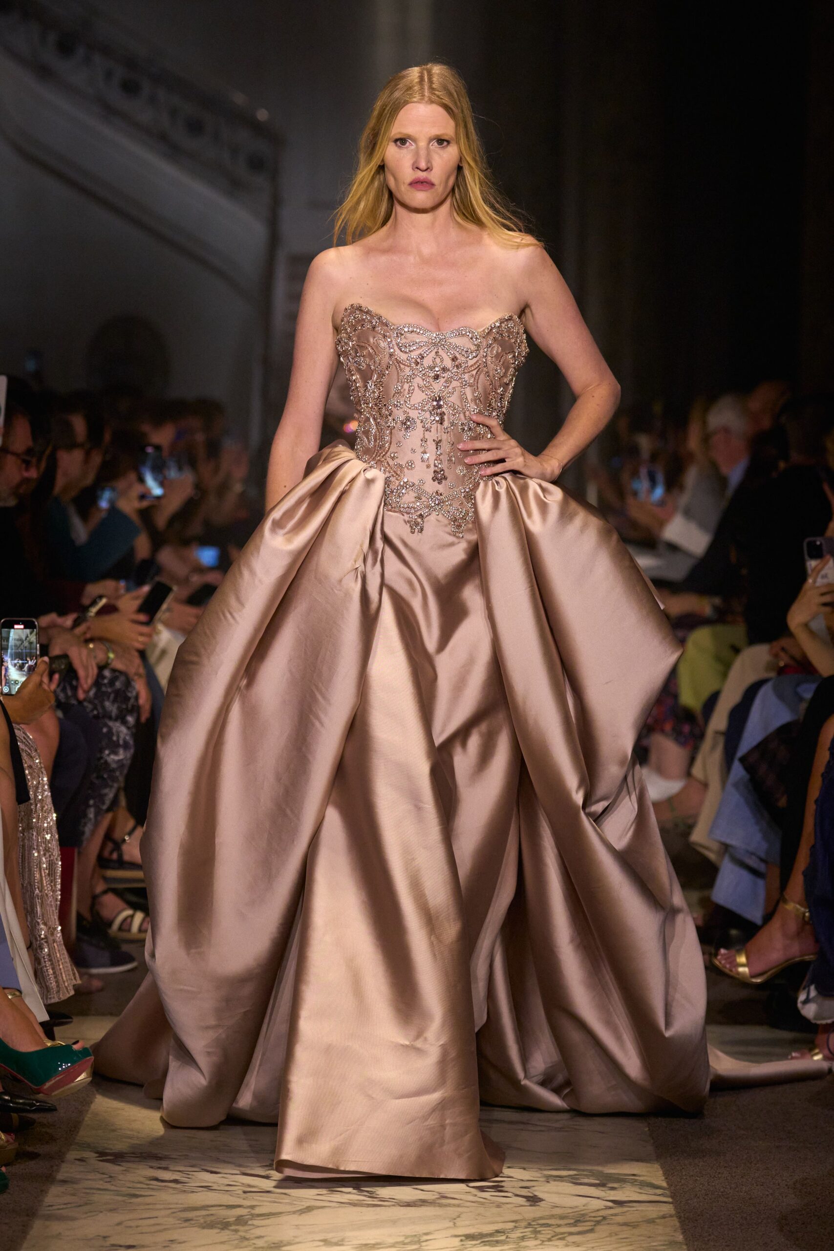 beige silk strapless gown