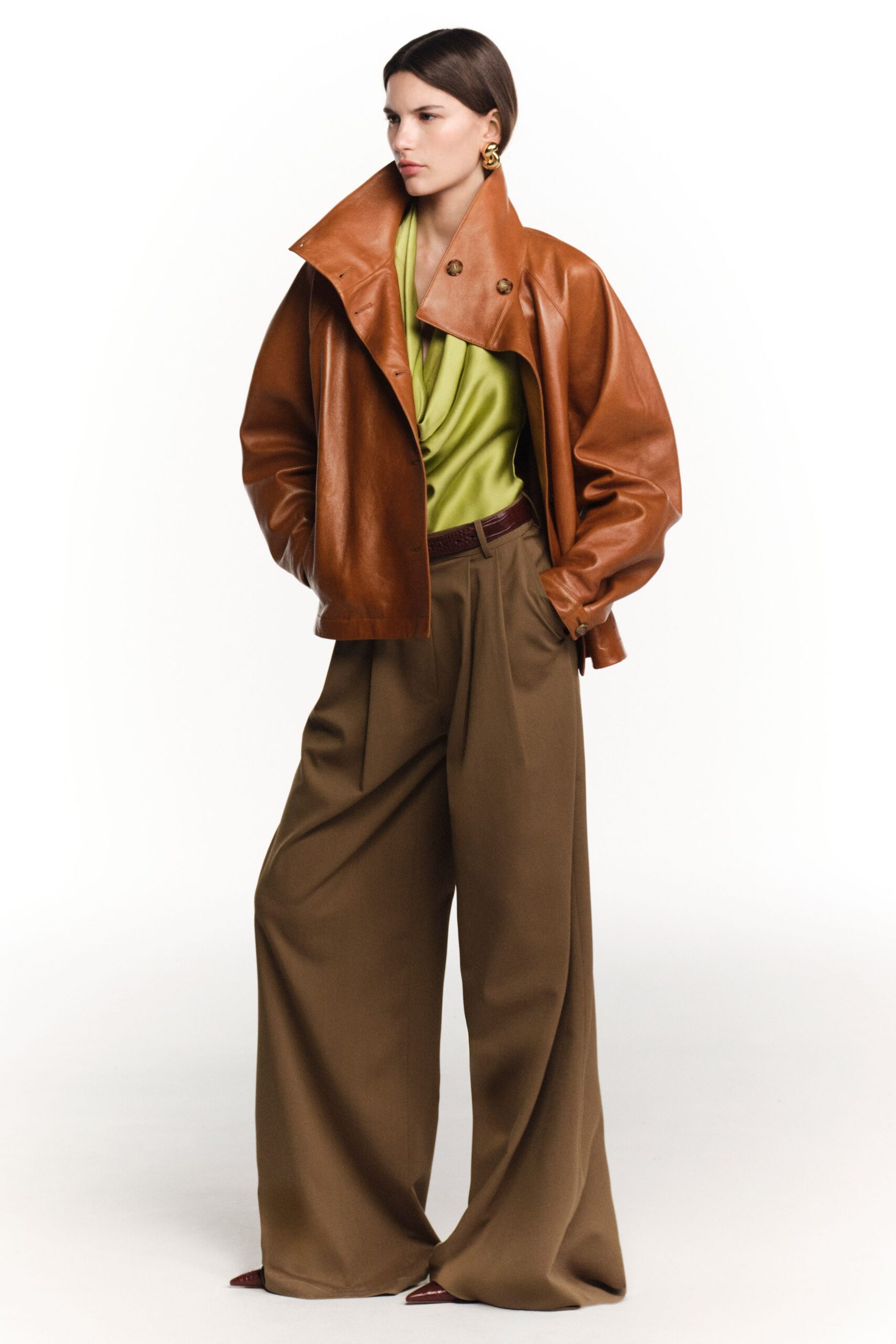 brown leather long-sleeve collared relaxed buttoned jacket