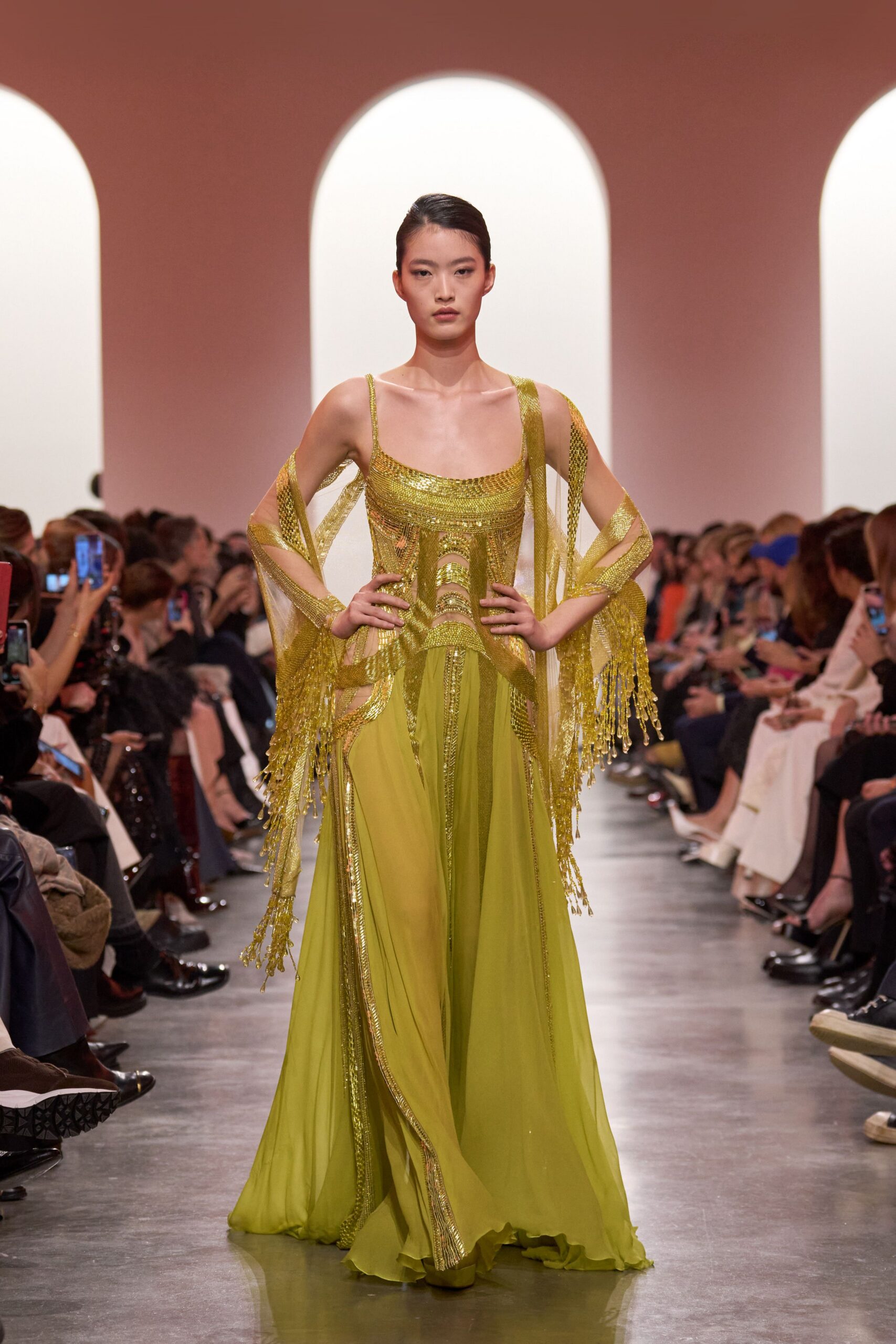 yellow silk sleeveless gown