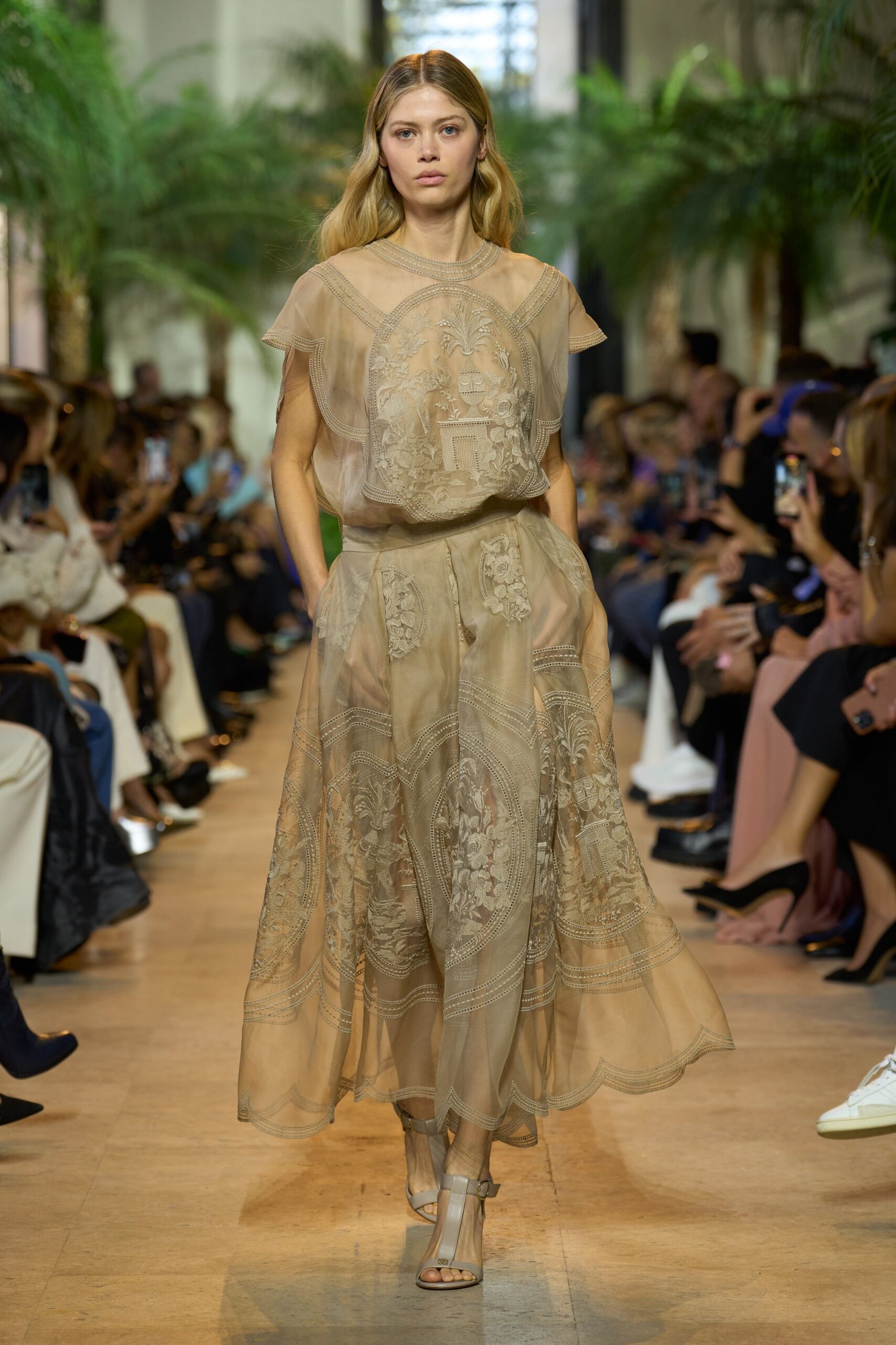 beige silk sleeveless high-neck relaxed embroidered dress