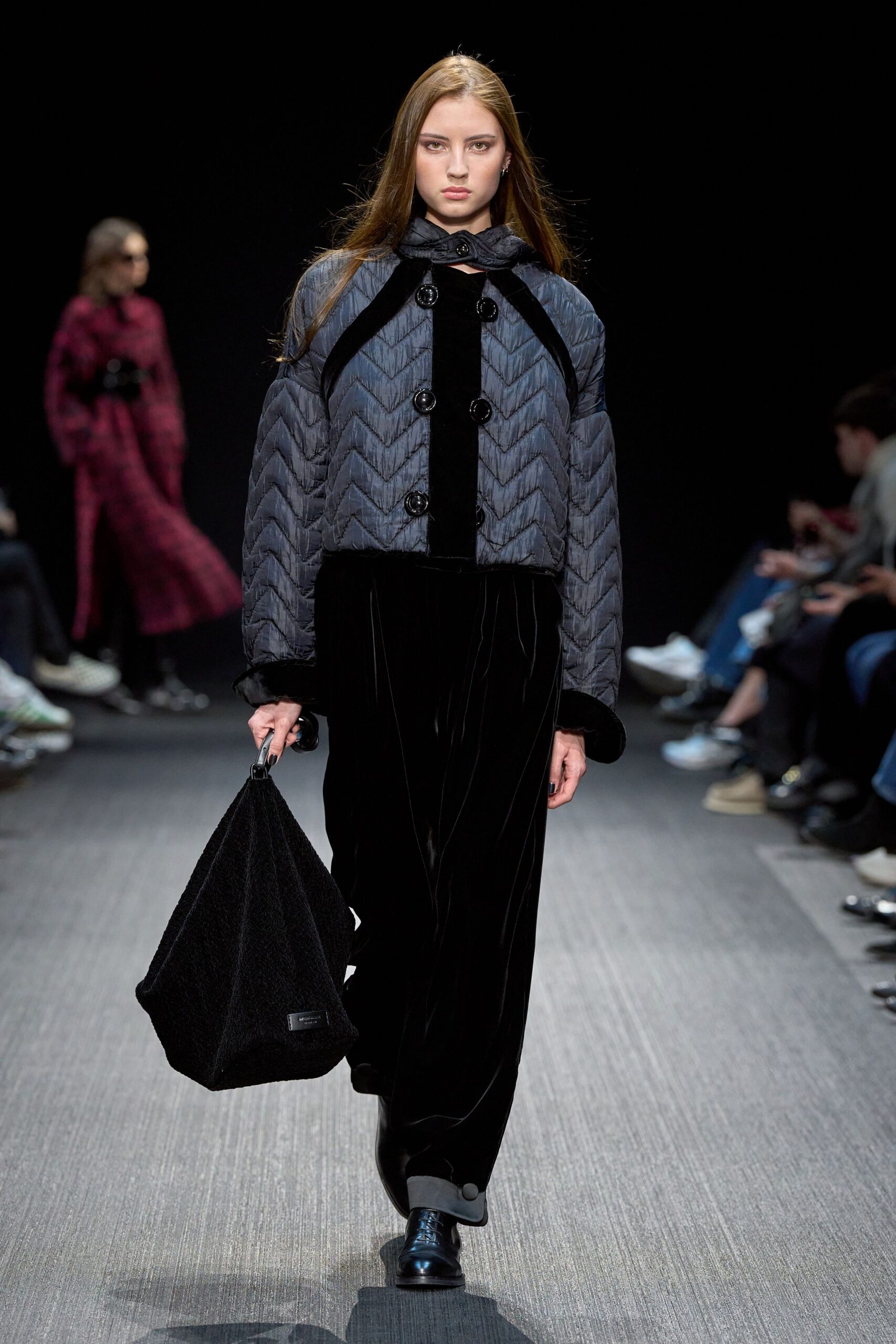 black quilted jacket with velvet pants