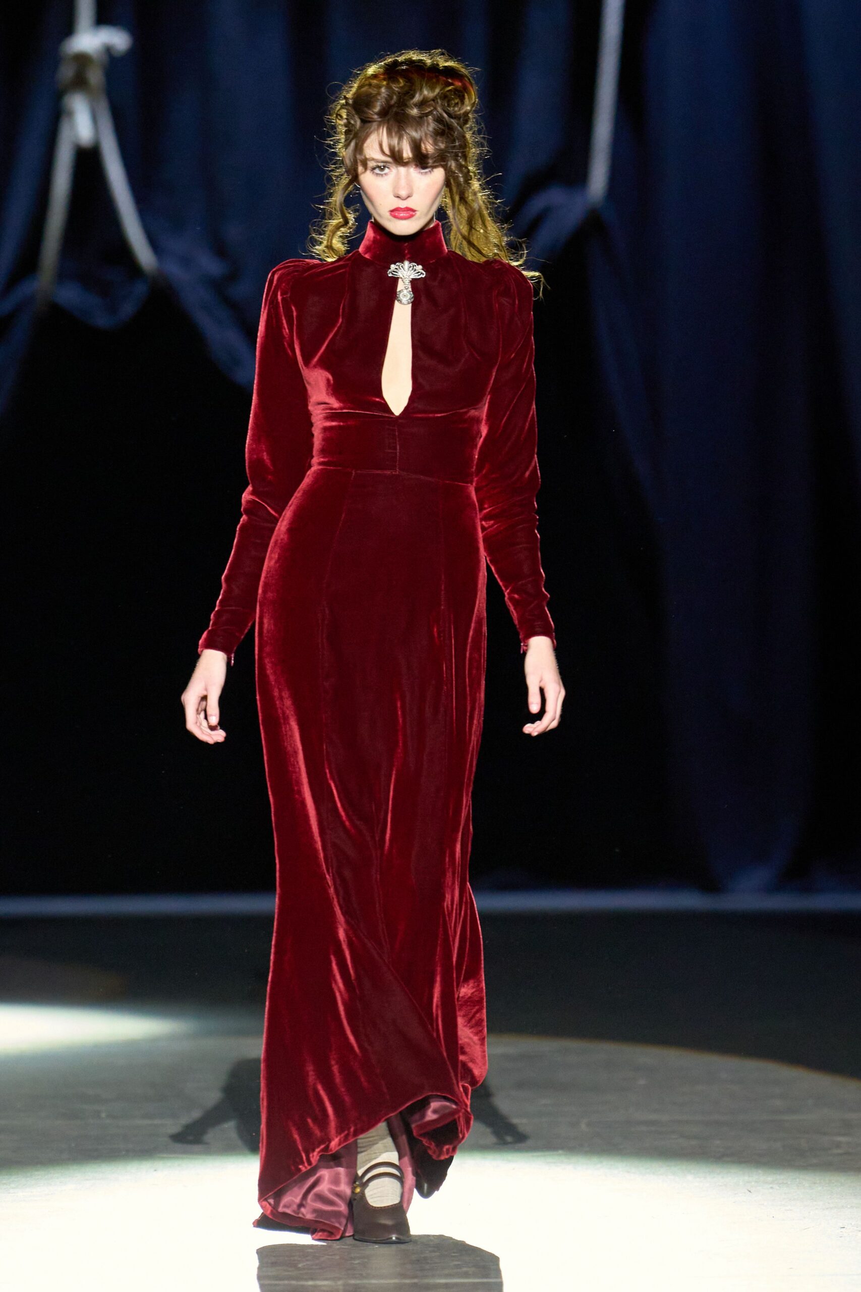 red velvet long-sleeve high-neck fitted draped maxi gown