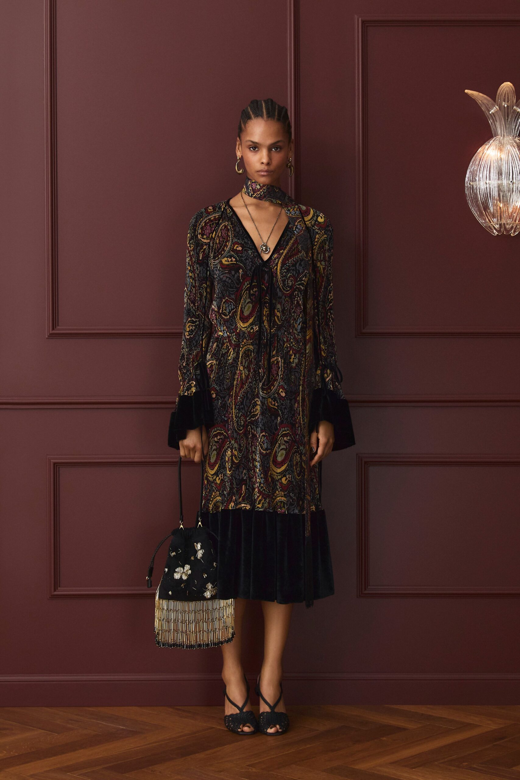 black multi-printed velvet dress