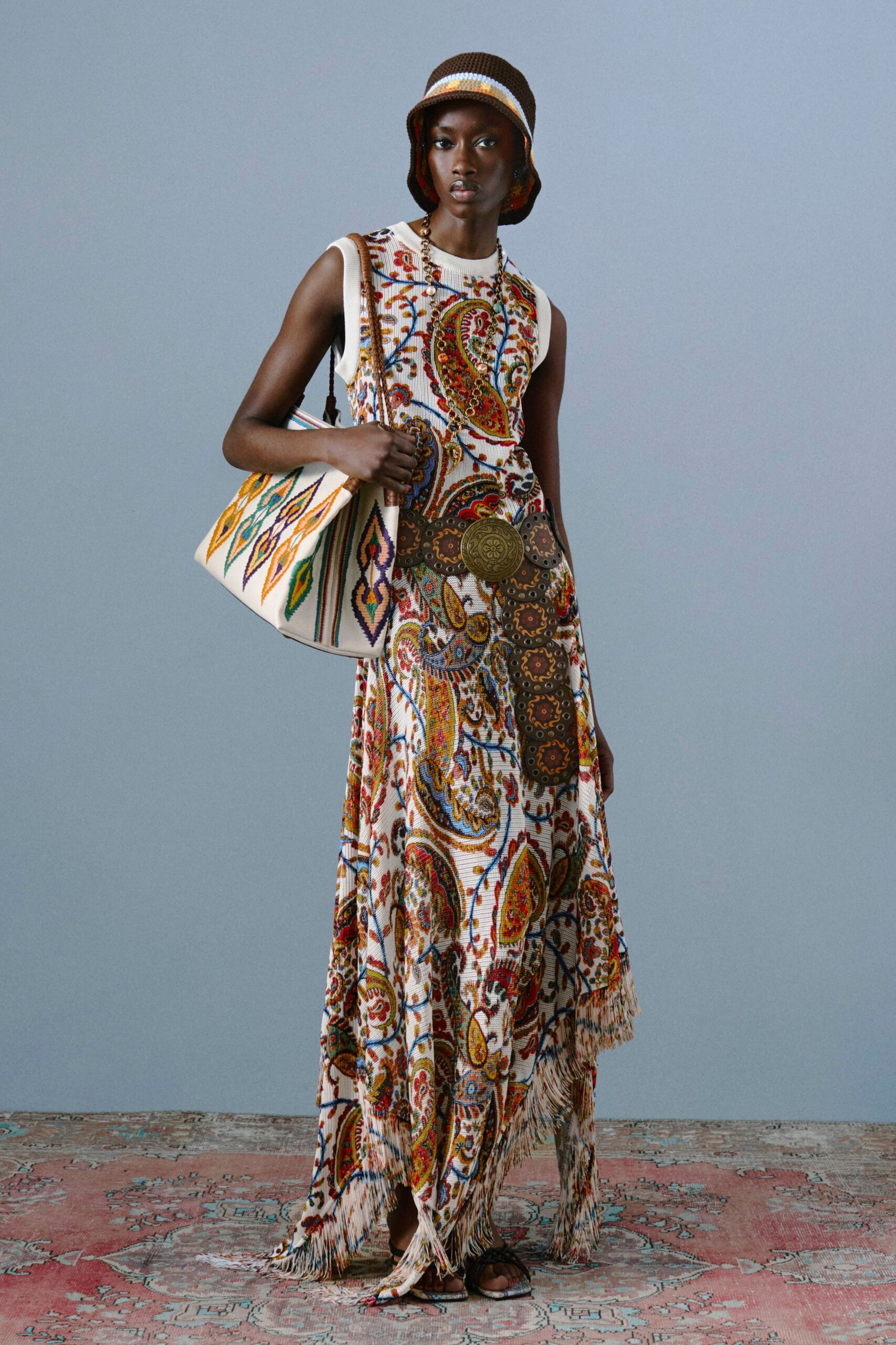 multi-colored maxi dress with hat
