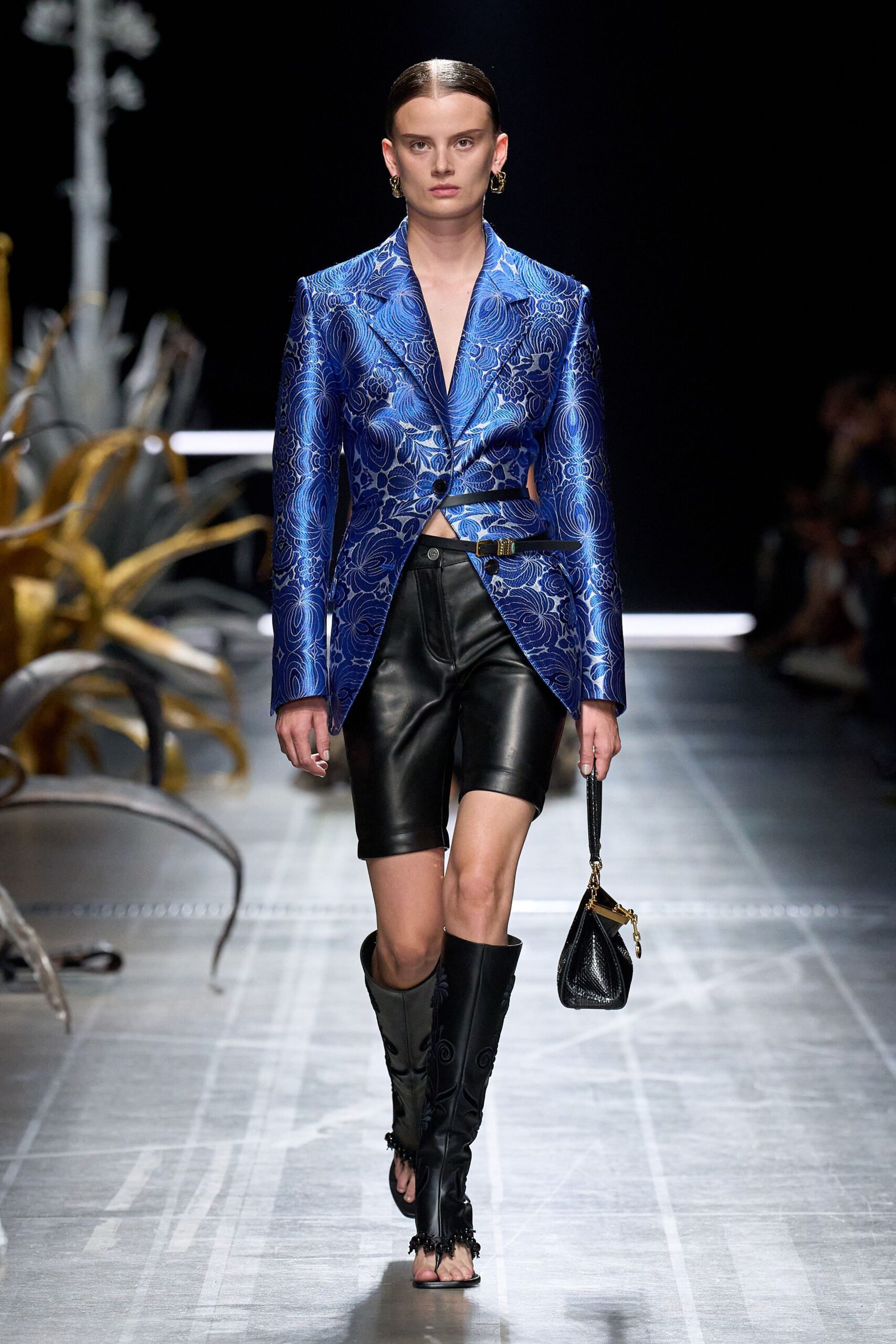blue silk long-sleeve collared tailored embroidered blazer