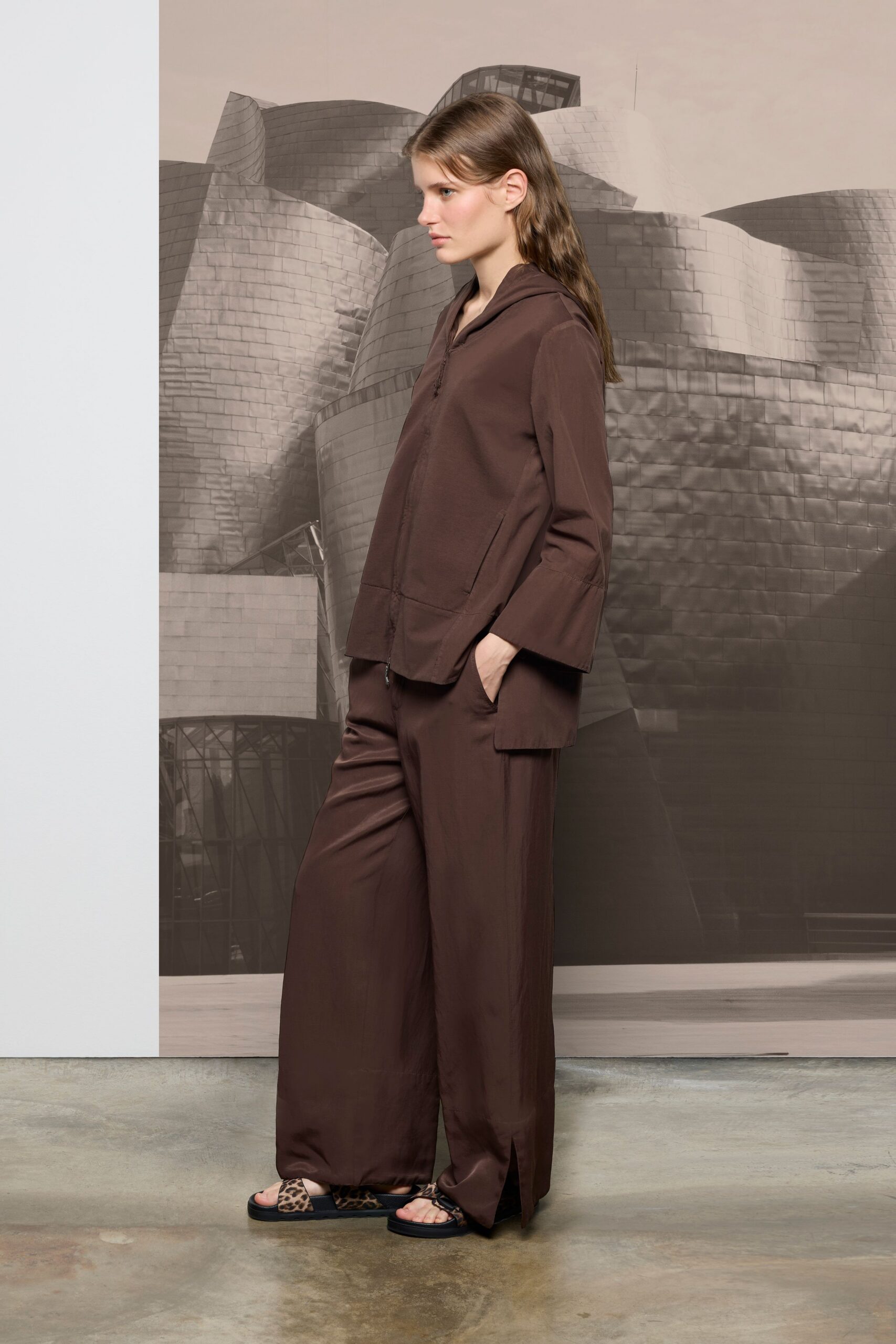 brown cotton slit relaxed straight-leg pants