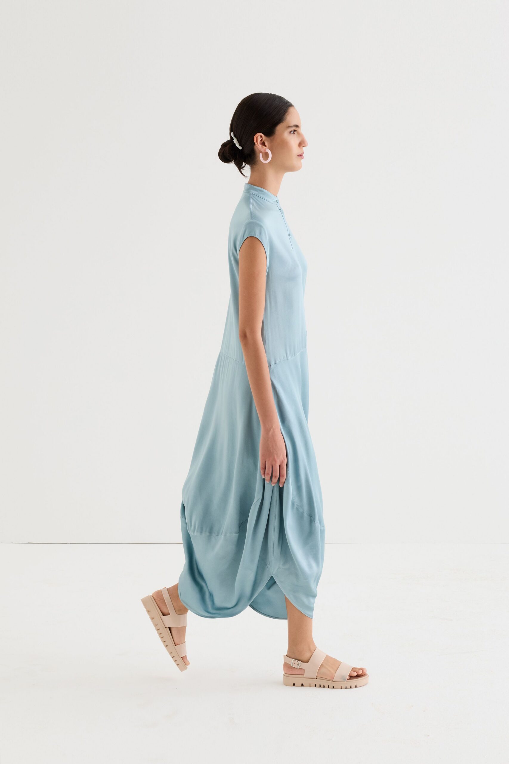 blue silk short-sleeve collared relaxed draped flowing dress