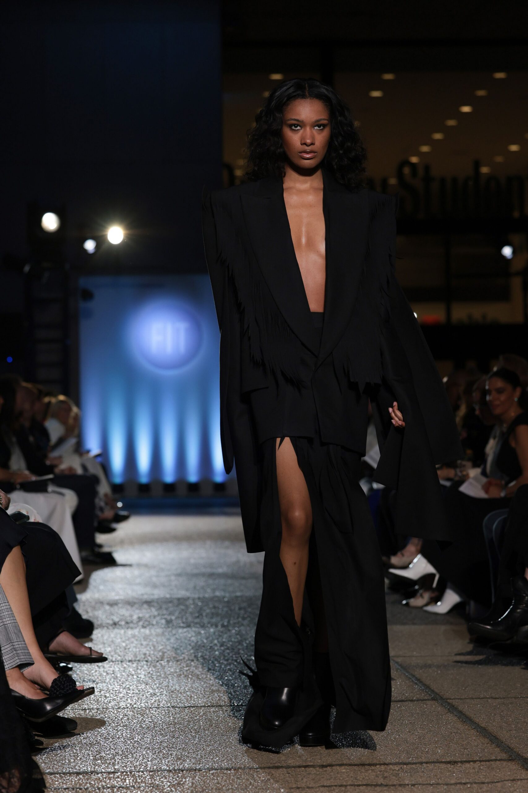black fringed maxi dress with chunky shoes