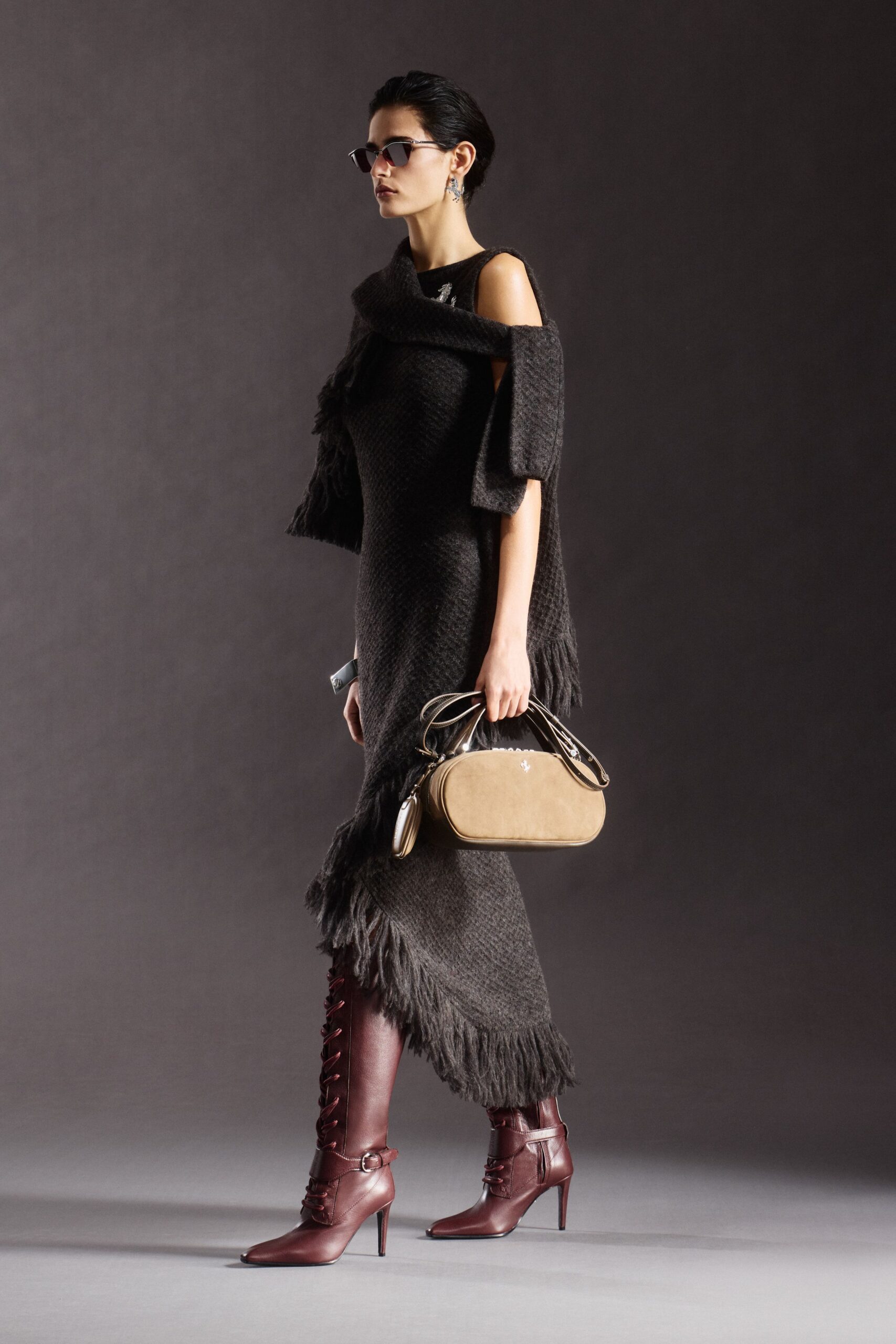black wool off-shoulder dress