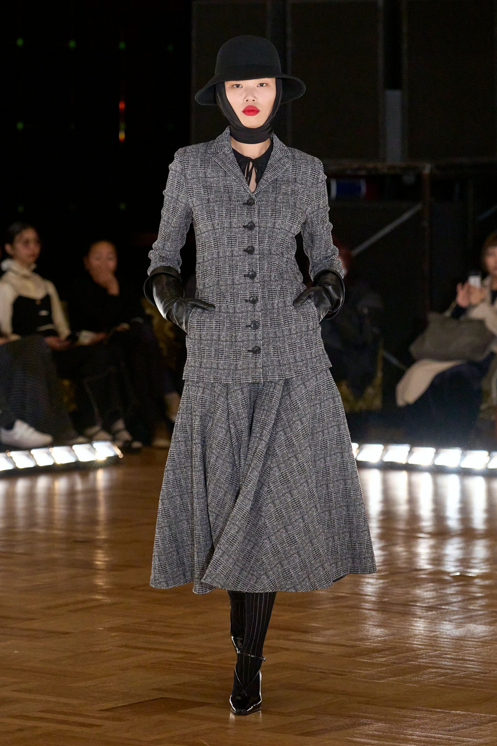 gray wool fitted coat and skirt