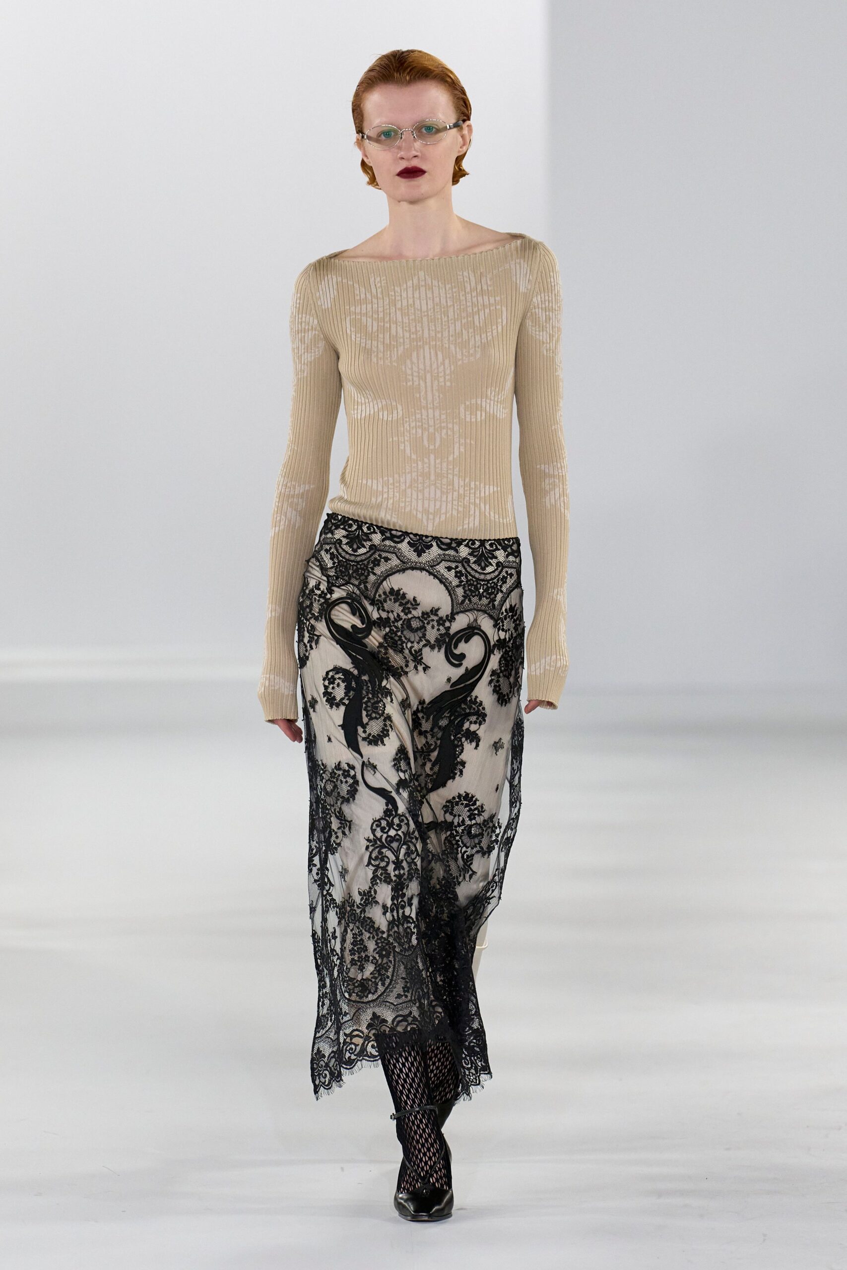 black lace long-sleeve fitted flared embroidered midi skirt