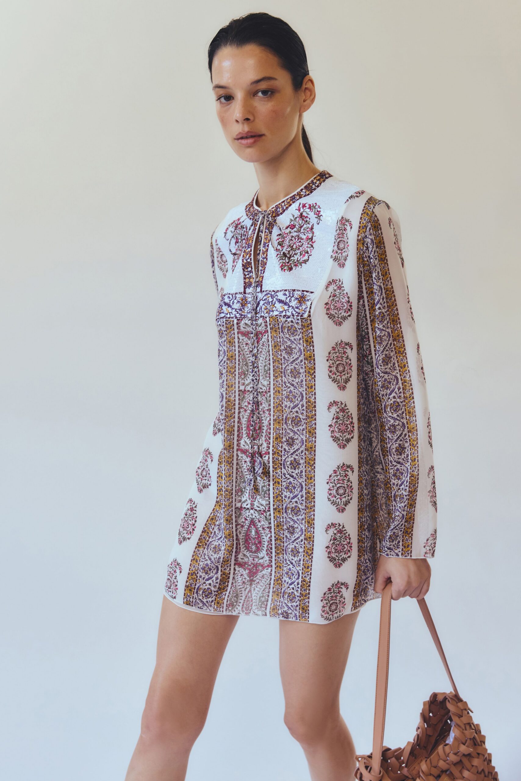 white cotton long-sleeve collared relaxed printed mini shirt-dress