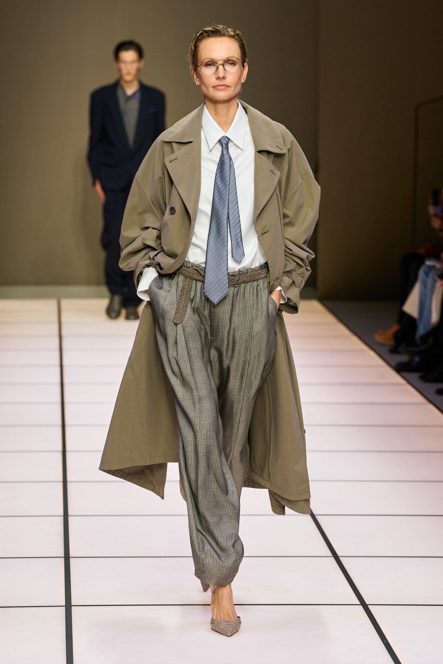 beige trench coat with tailored pants