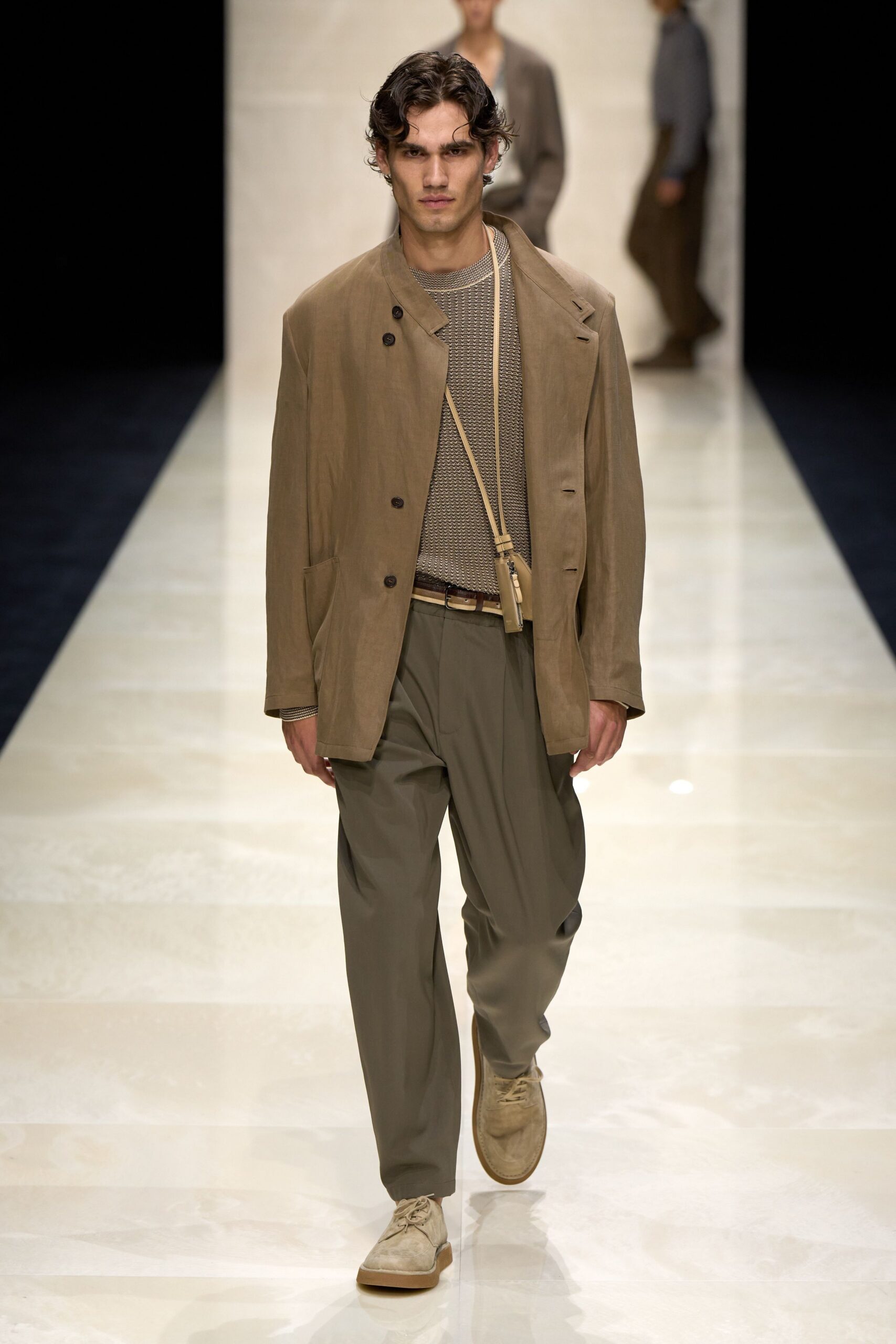 brown blazer gray sweater beige pants
