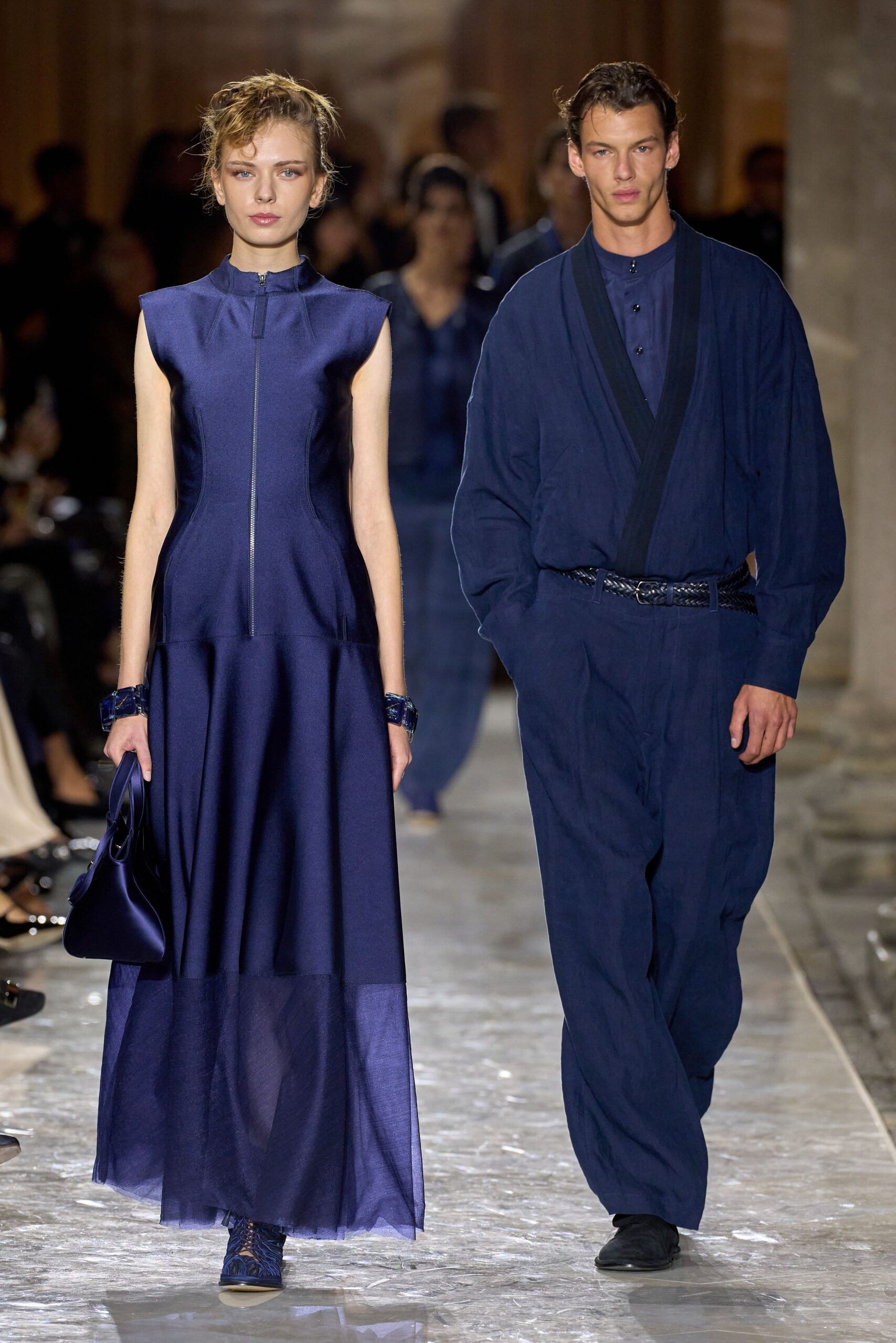 blue silk sleeveless high-neck fitted zippered a-line dress