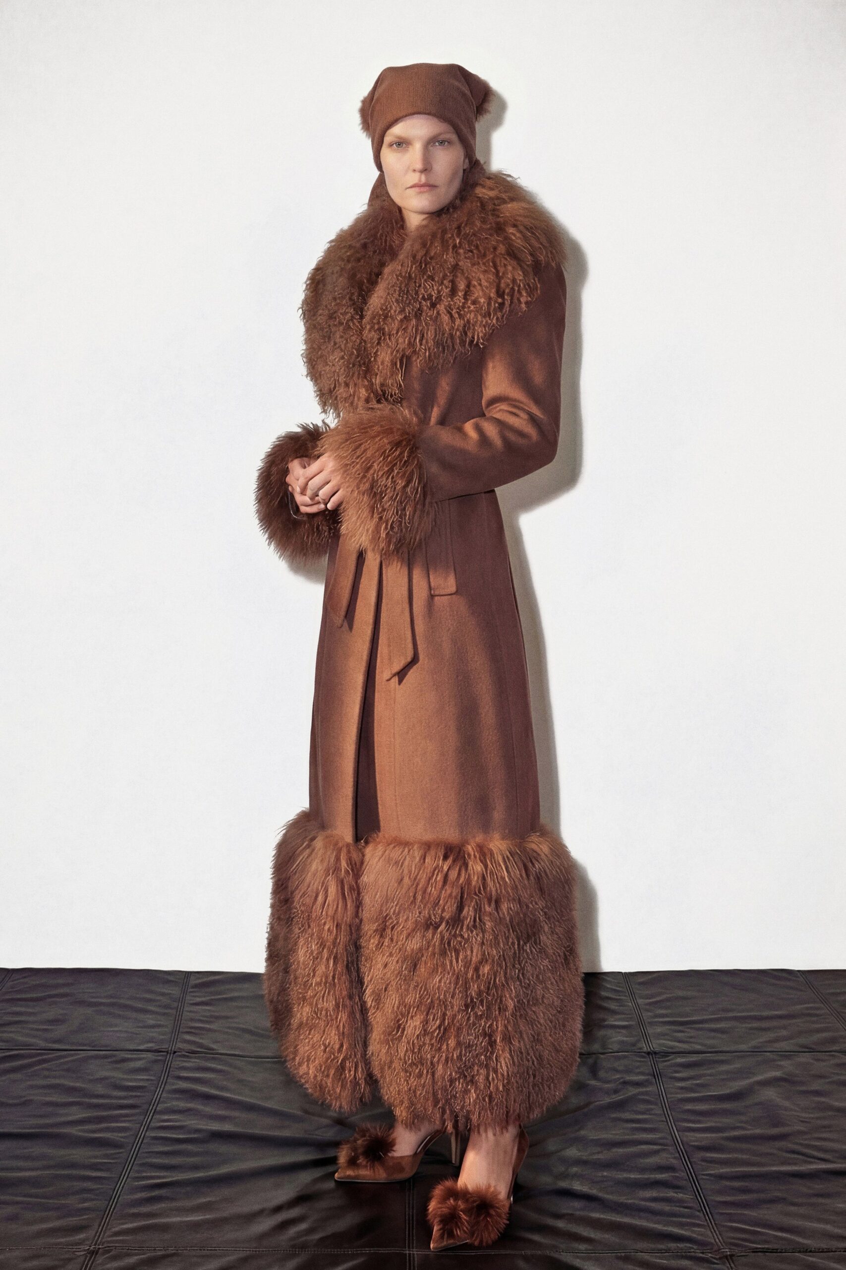 brown wool long-sleeve collared fitted belted layered coat