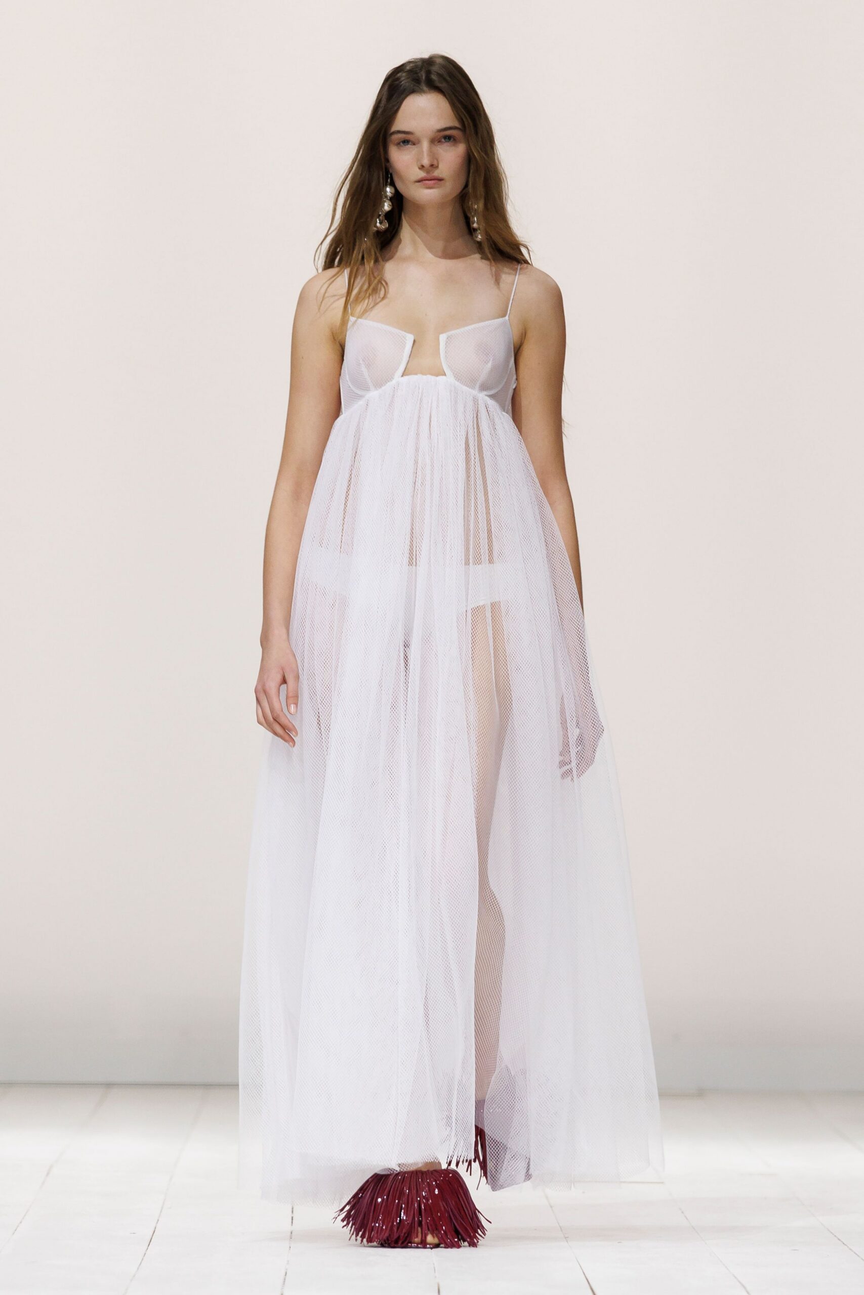 white tulle sleeveless v-neck fitted layered sheer gown