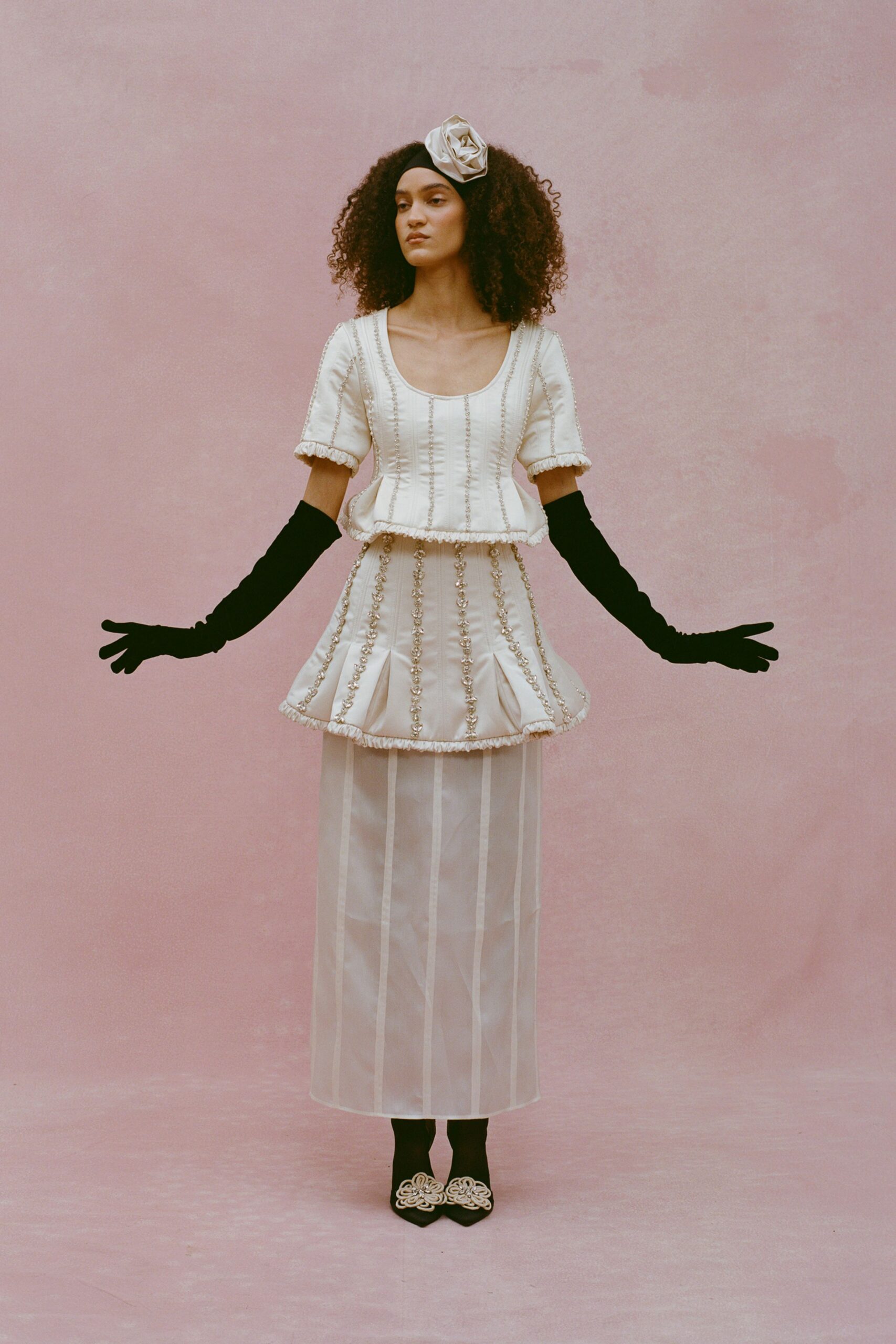 white silk top and skirt