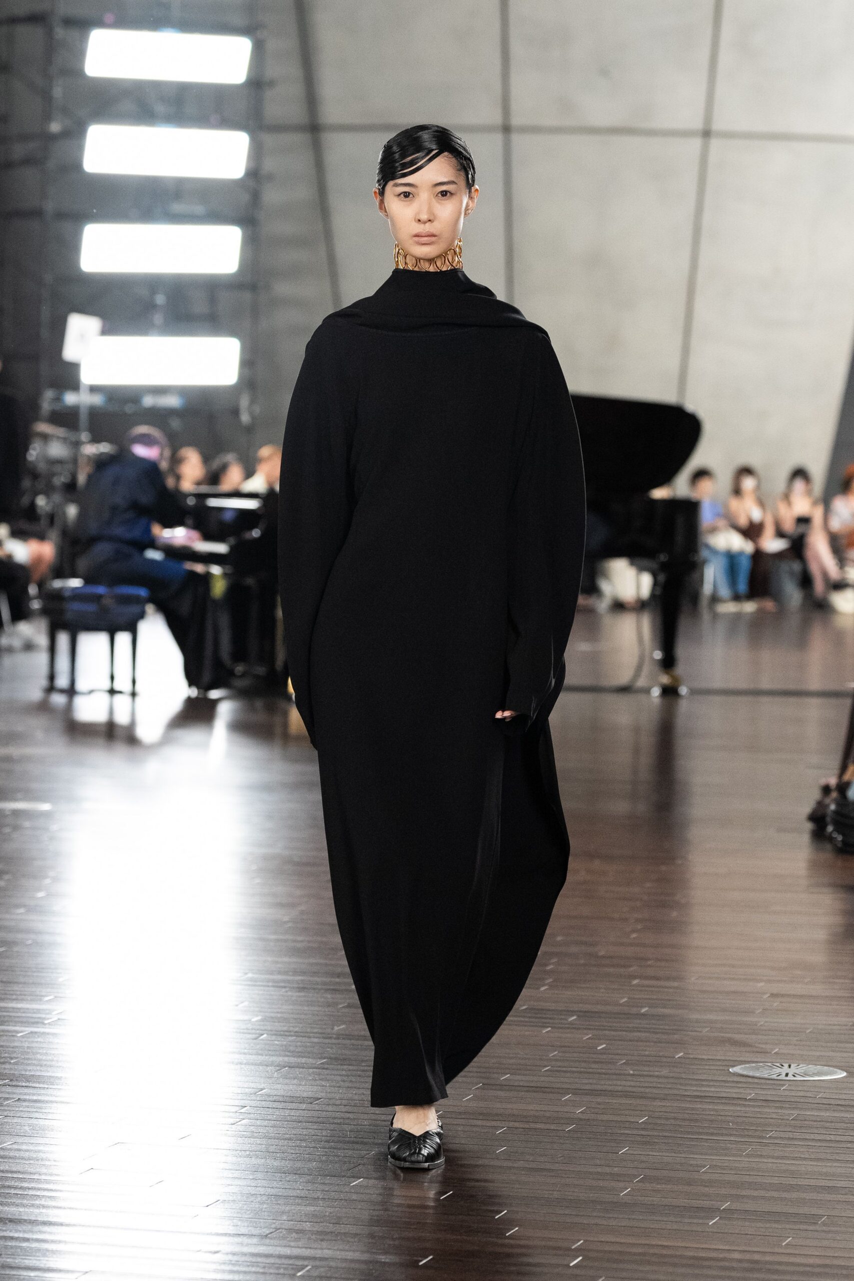 black cotton long-sleeve high-neck relaxed draped maxi dress