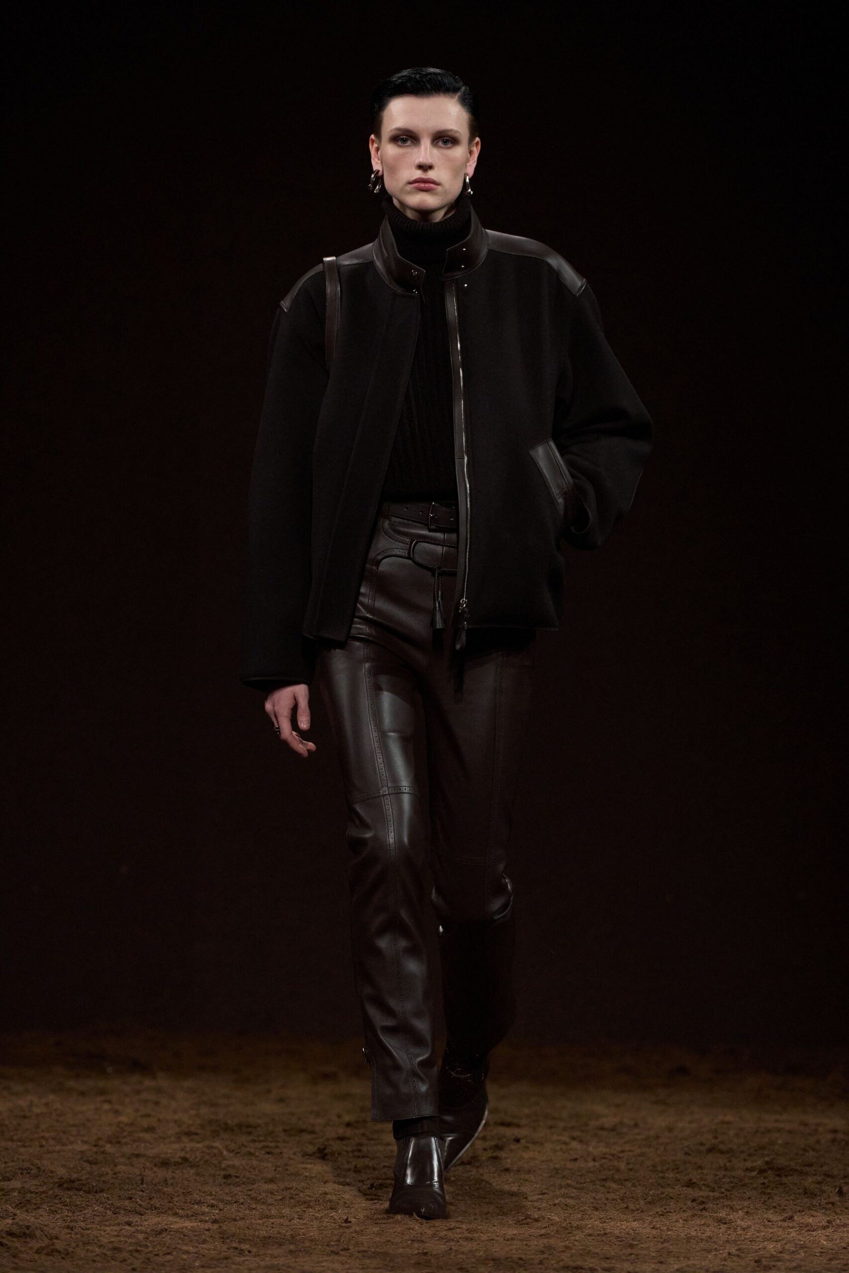 black wool jacket with leather pants