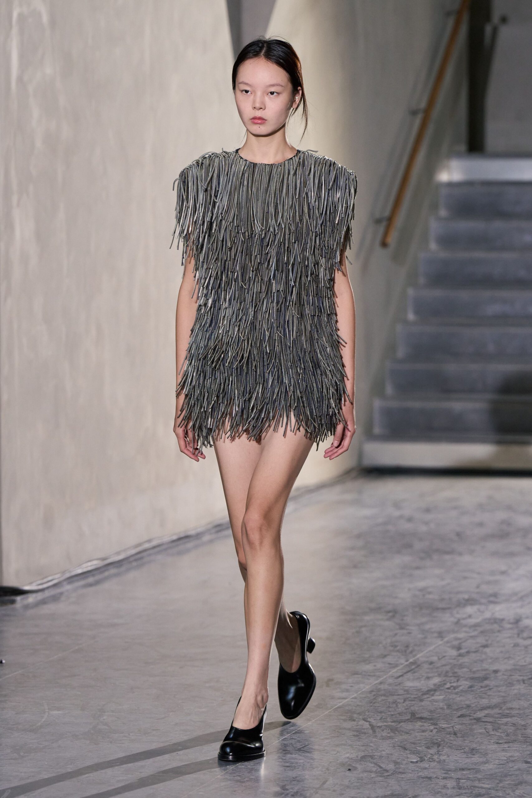gray fringed mini dress