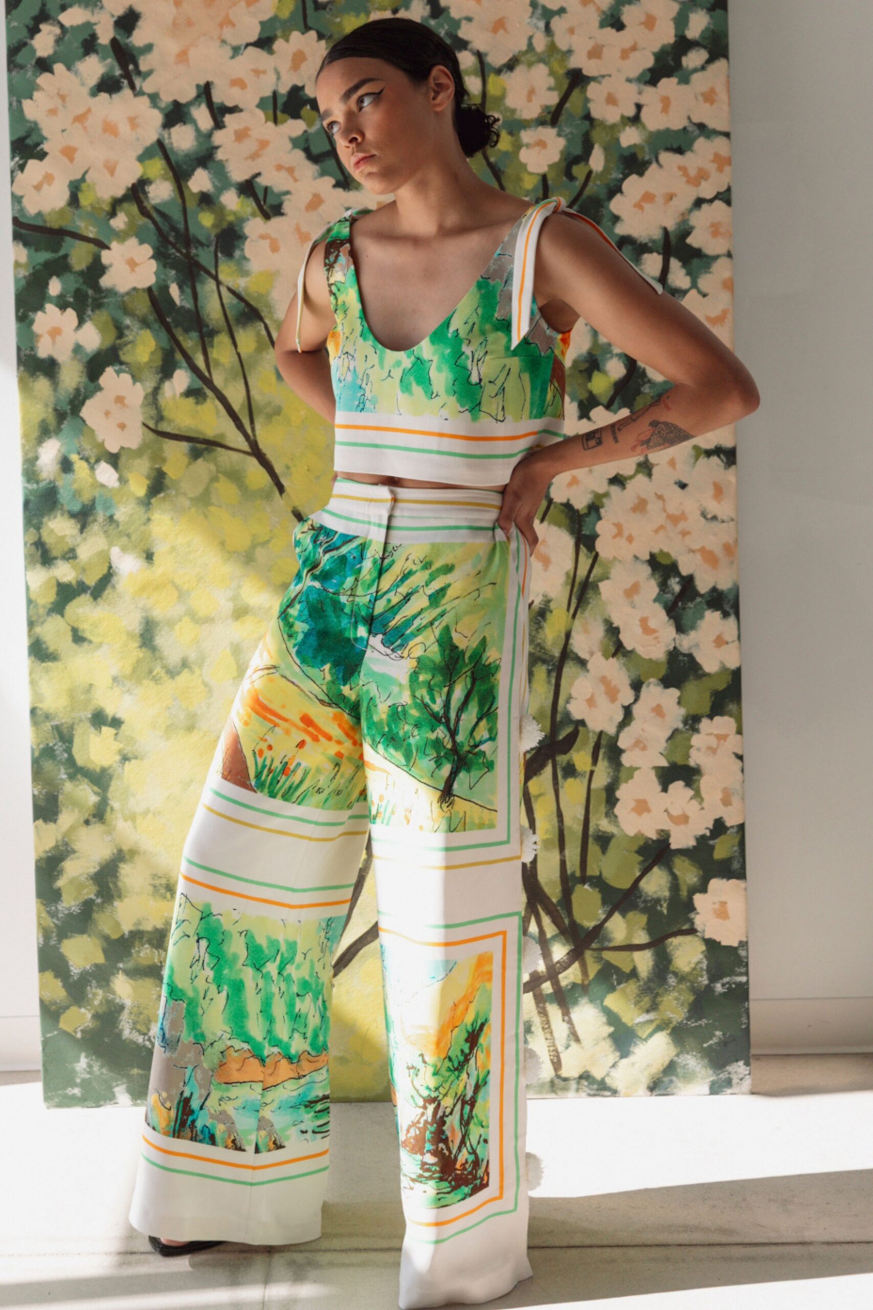 printed silk top and pants