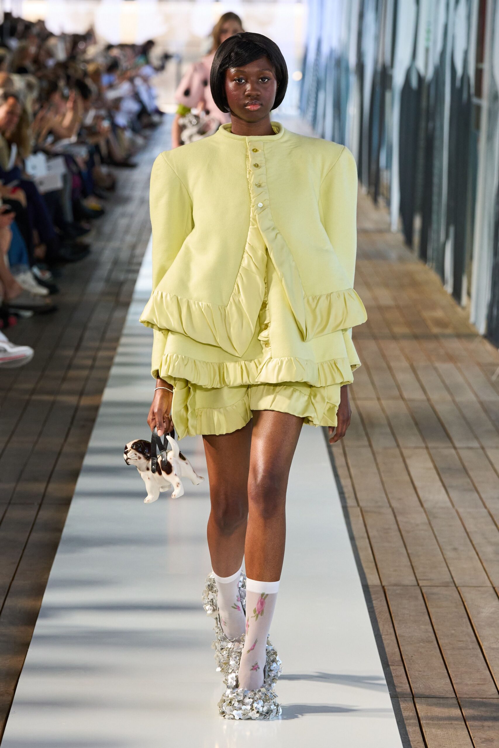 yellow cotton long-sleeve collared fitted ruffled tiered dress
