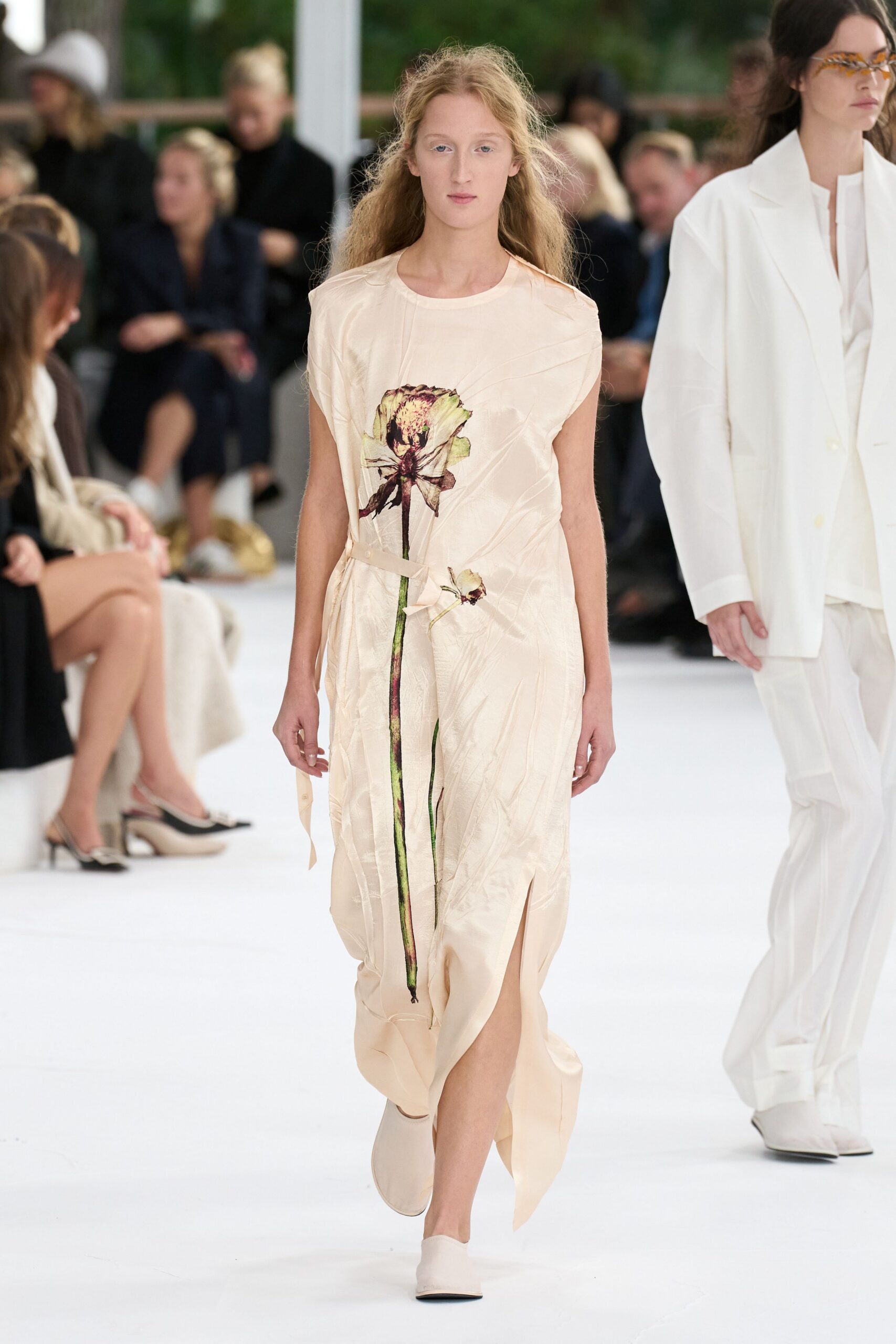 beige silk floral midi dress with white shoes