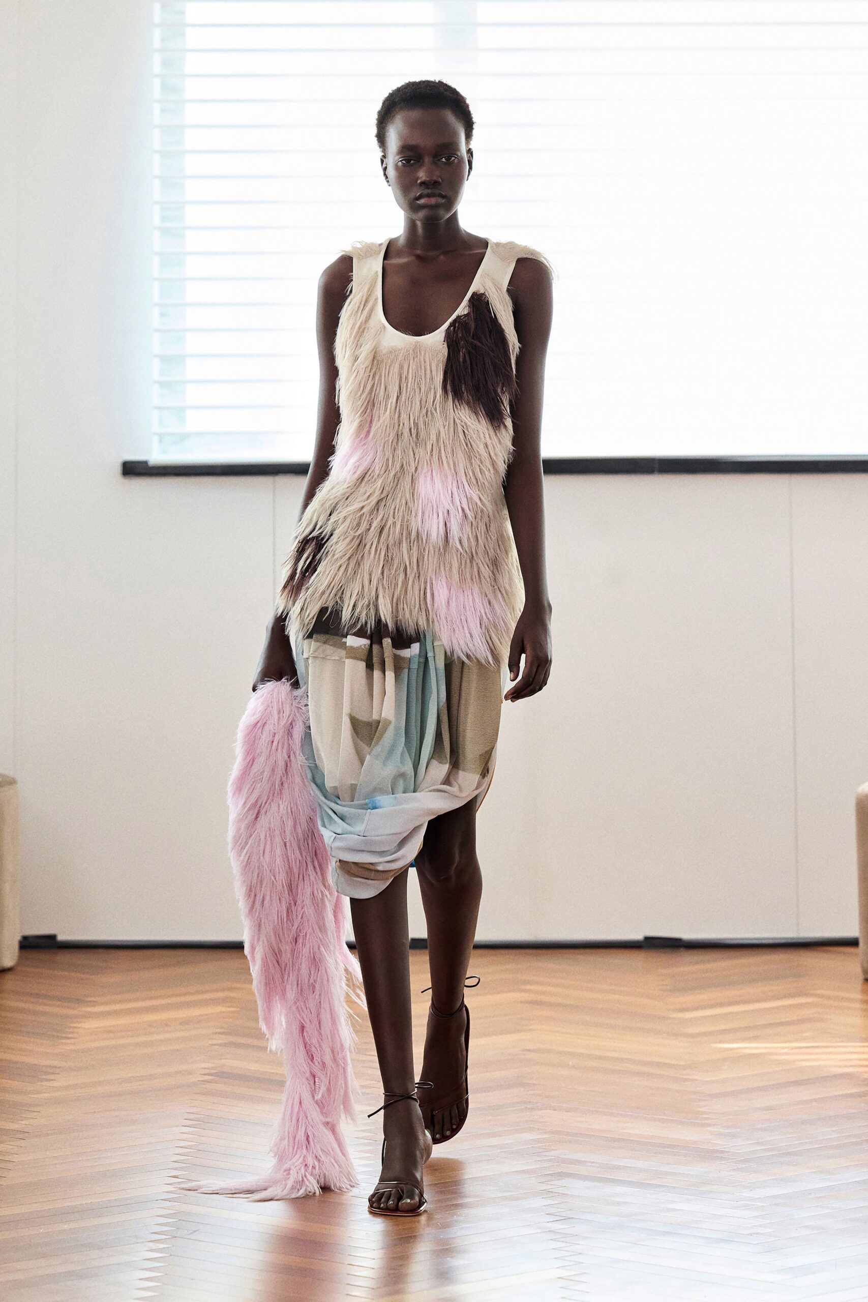 beige faux-fur sleeveless low-cut fitted layered fringed dress