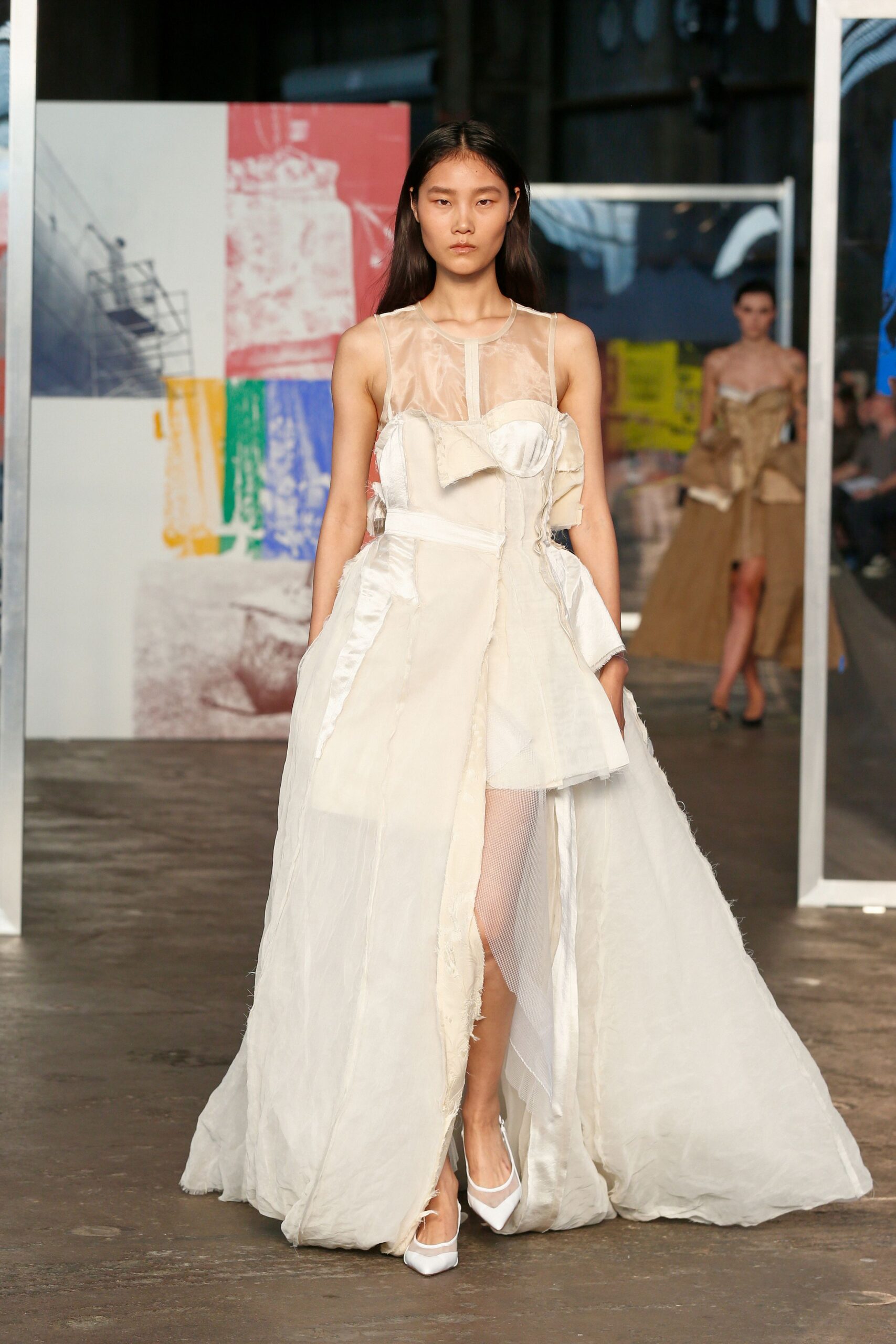 white chiffon sleeveless v-neck fitted draped layered gown